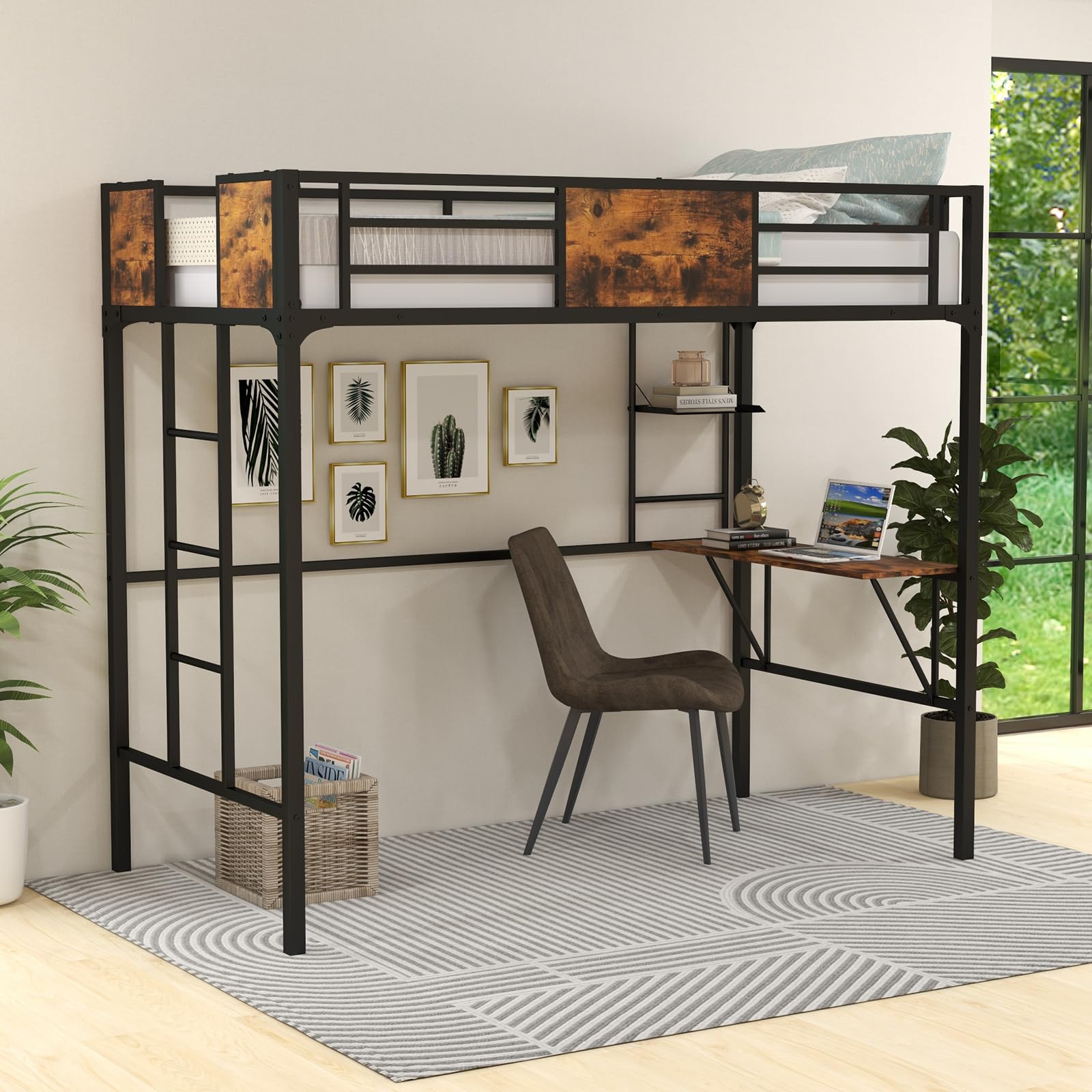 Metal Twin Loft Bed with Desk and Storage Shelf