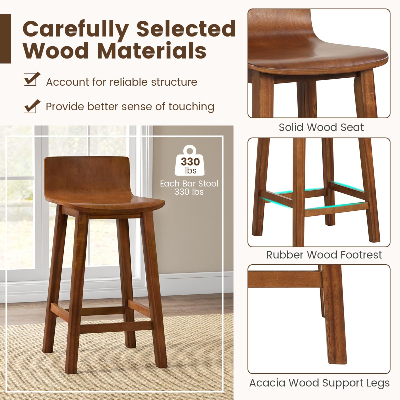Solid Wood Bar Stools Set of 2/4, Counter Height Chairs with Low Back and Footrest