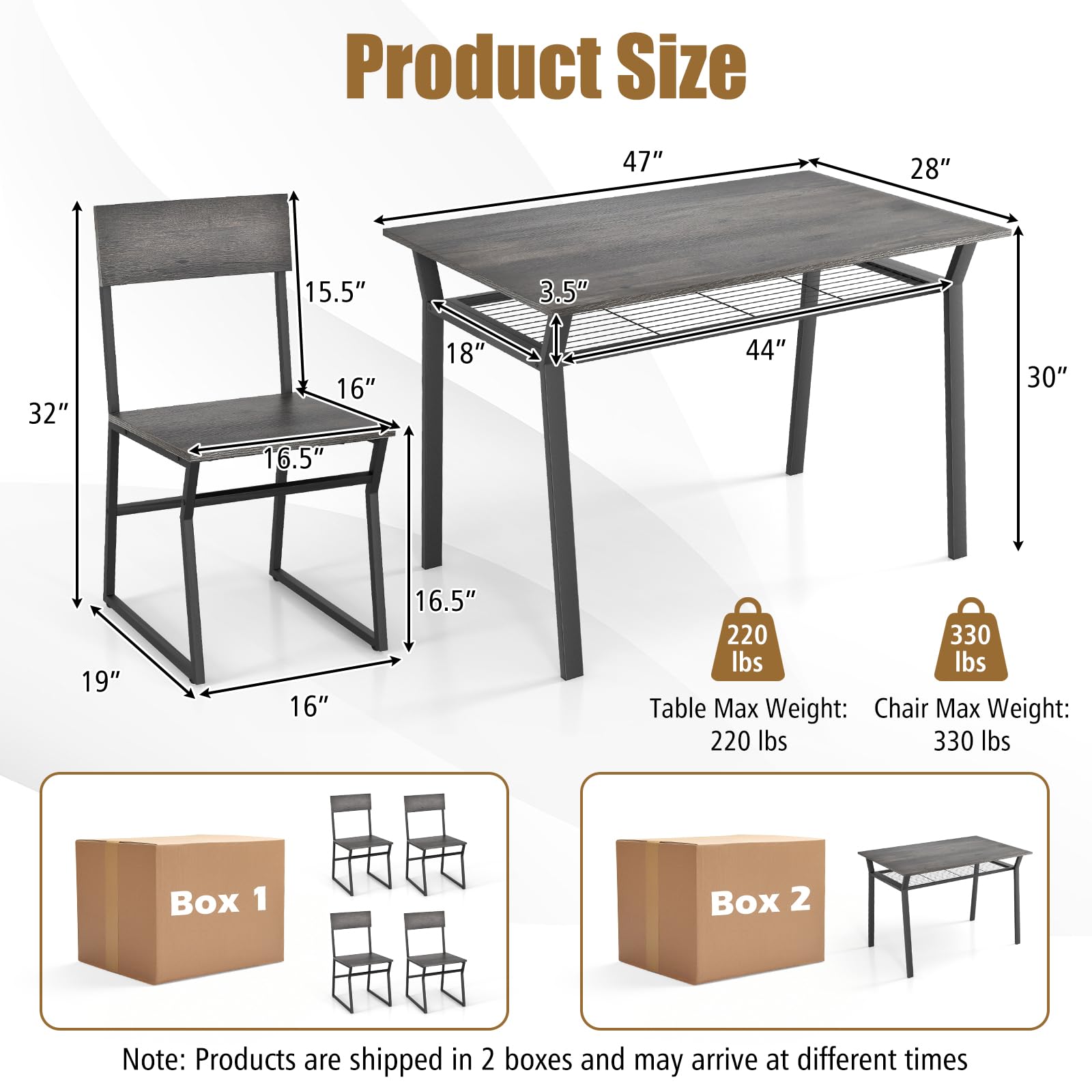 Dining Table Set for 4, 47&rdquo;L x 28&rdquo;W Rectangular Kitchen Table w/ 4 Trapezoid Chairs, Reinforced Metal Frame & Storage Rack