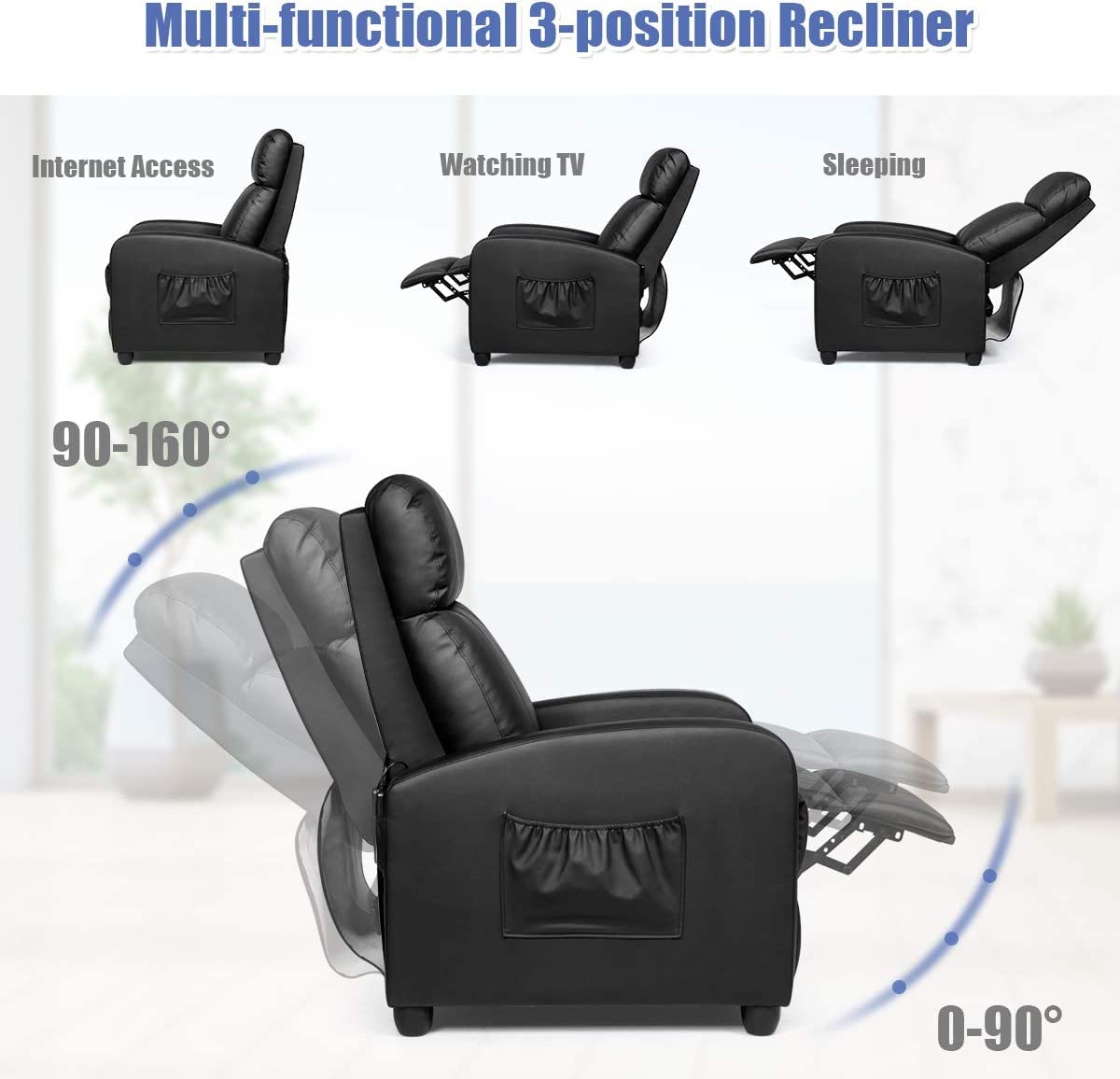 Recliner Chair with Adjustable Backrest & Footrest, Living Room Ergonomic Single Sofa with Remote and Side Pocket