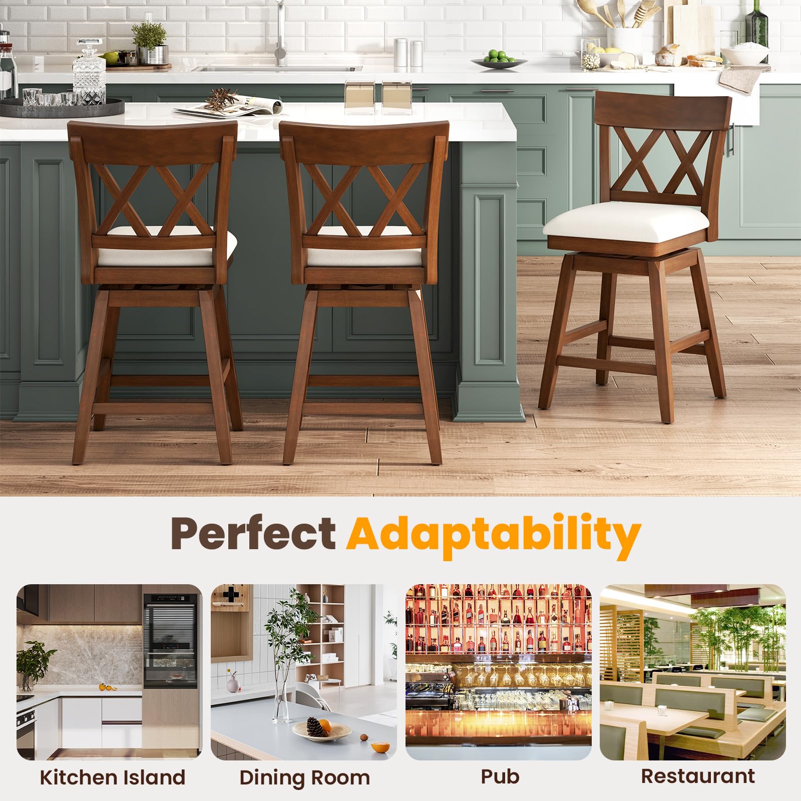 Swivel Counter Height Bar Stool with Contoured Backrest, Padded Seat & Rubber Wood Legs