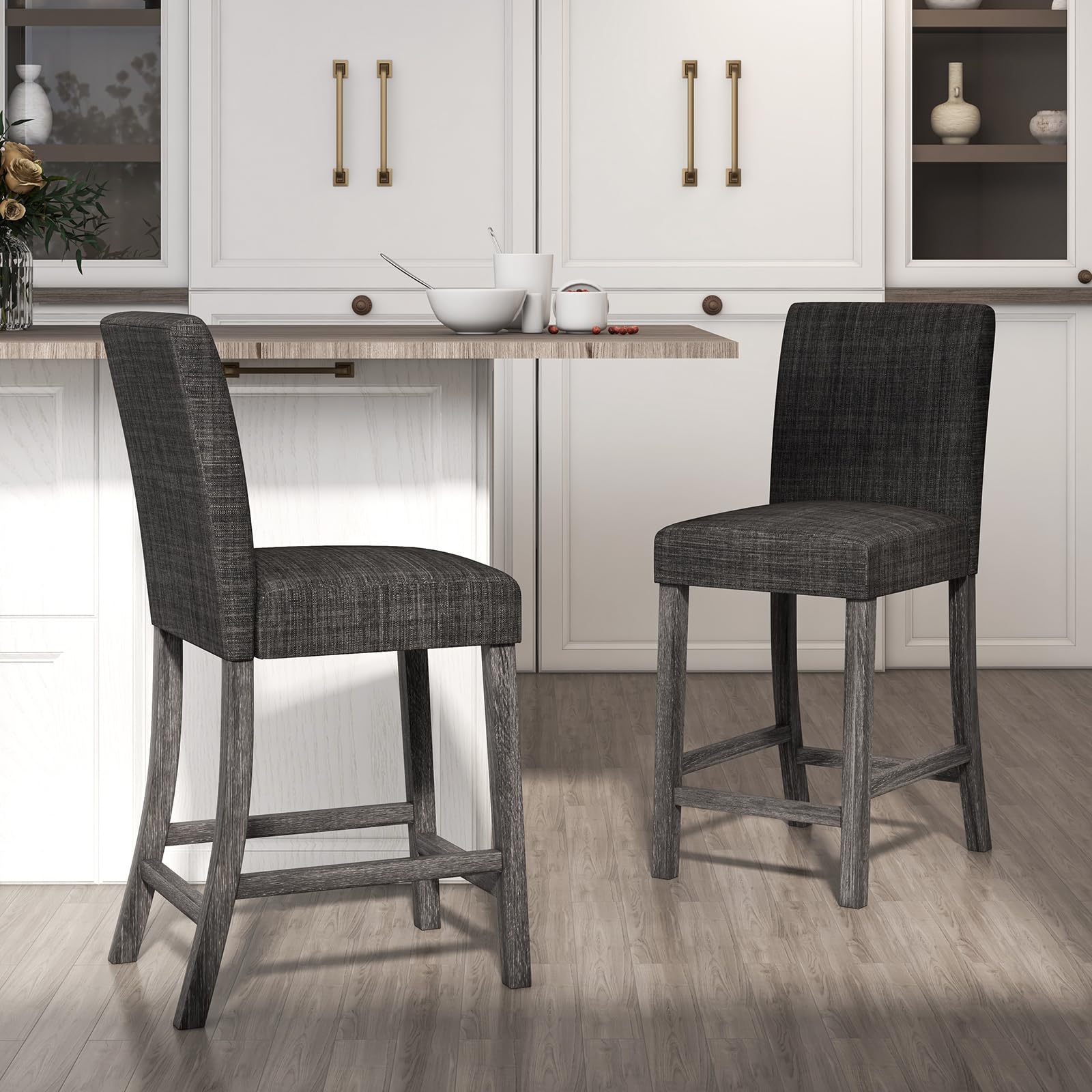 Upholstered Counter Height Bar Stools Set of 2/4 with Ergonomic Backrest, Solid Wood Frame