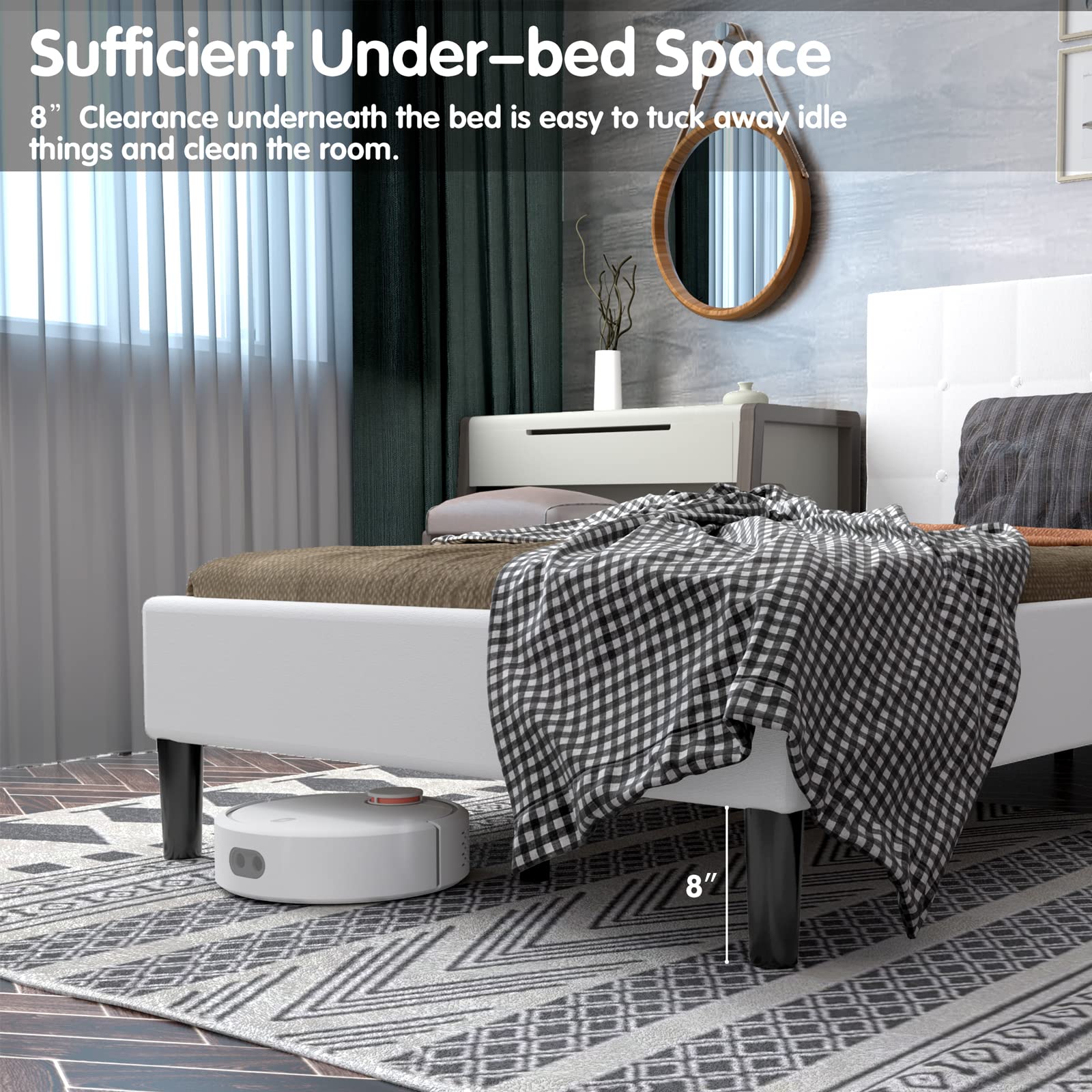 Twin Size Upholstered Bed Frame, Modern Mattress Foundation with Solid Wood Slats Support