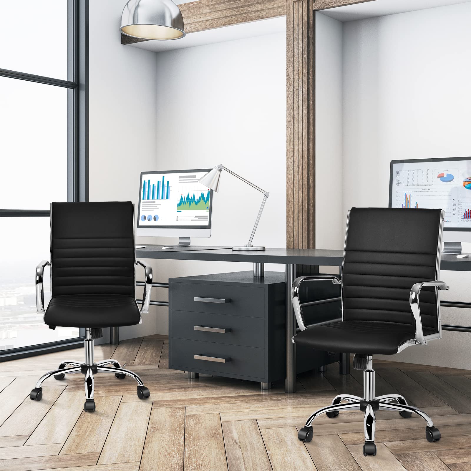 Ribbed Office Chair, Ergonomic Modern Leather Desk Chair with Adjustable Height & Arms, Swivel Mid Back Executive Conference Room Chairs