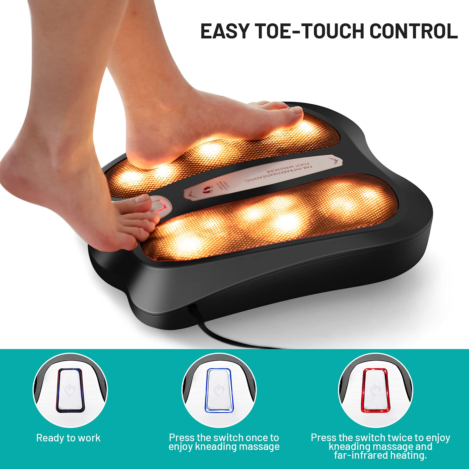 Electric Shiatsu Foot Massager with Soothing Heating & Infrared Lights, 18 Rotating Shiatsu Nodes