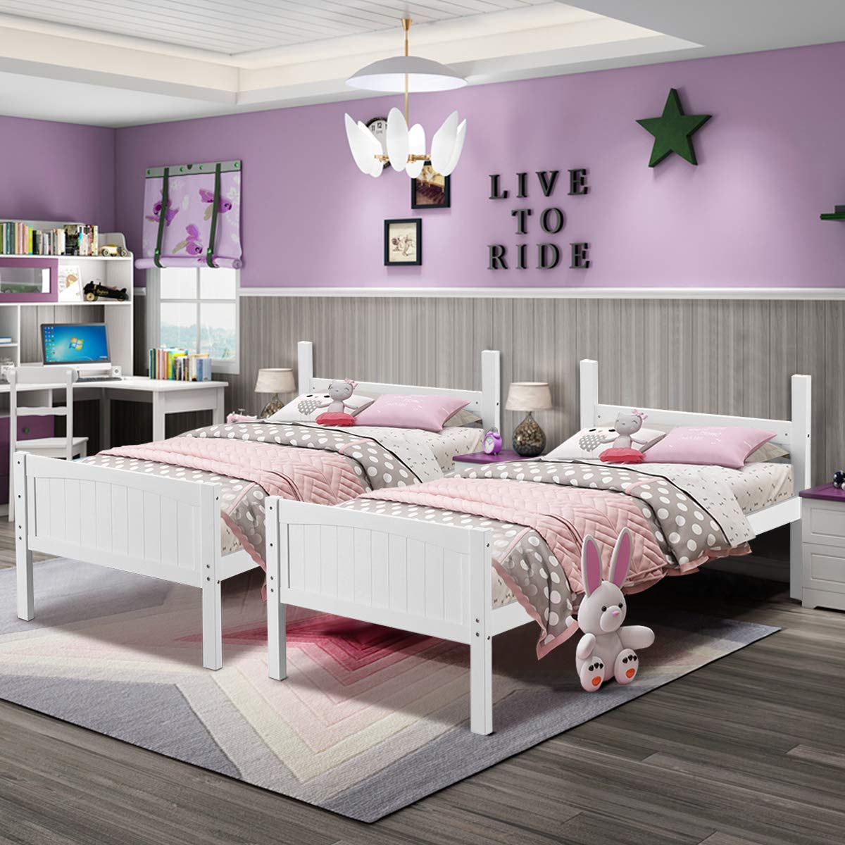 Wood Twin Over Twin Bunk Beds, Convertible 2 Individual Twin Beds for Kids Children