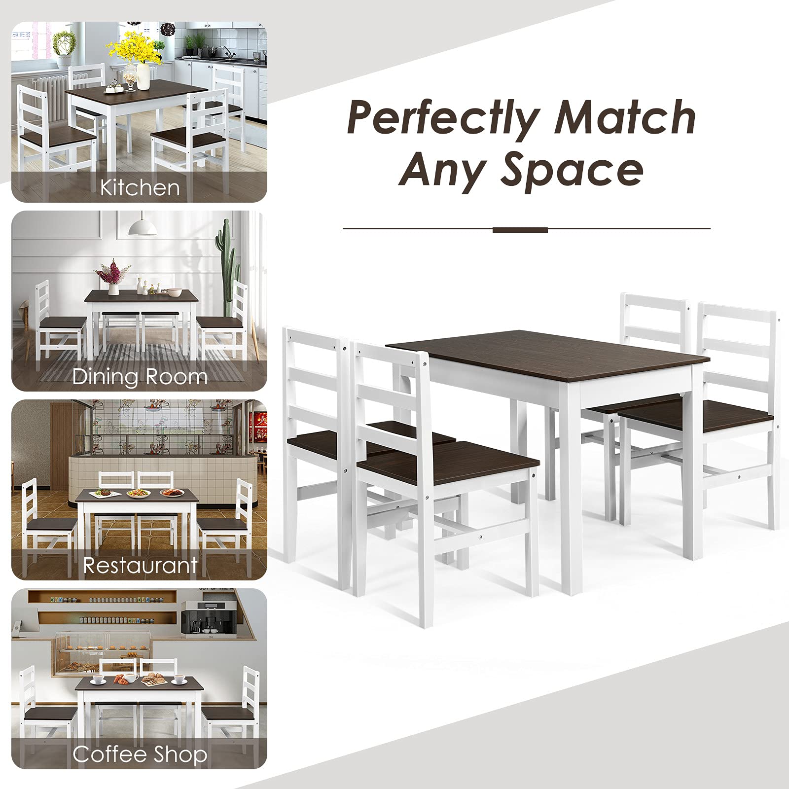 5 Piece Dining Set of 4, Solid Wood Rectangular Table & 4 Chairs, Farmhouse Dinette Set w/Pine Wood Legs
