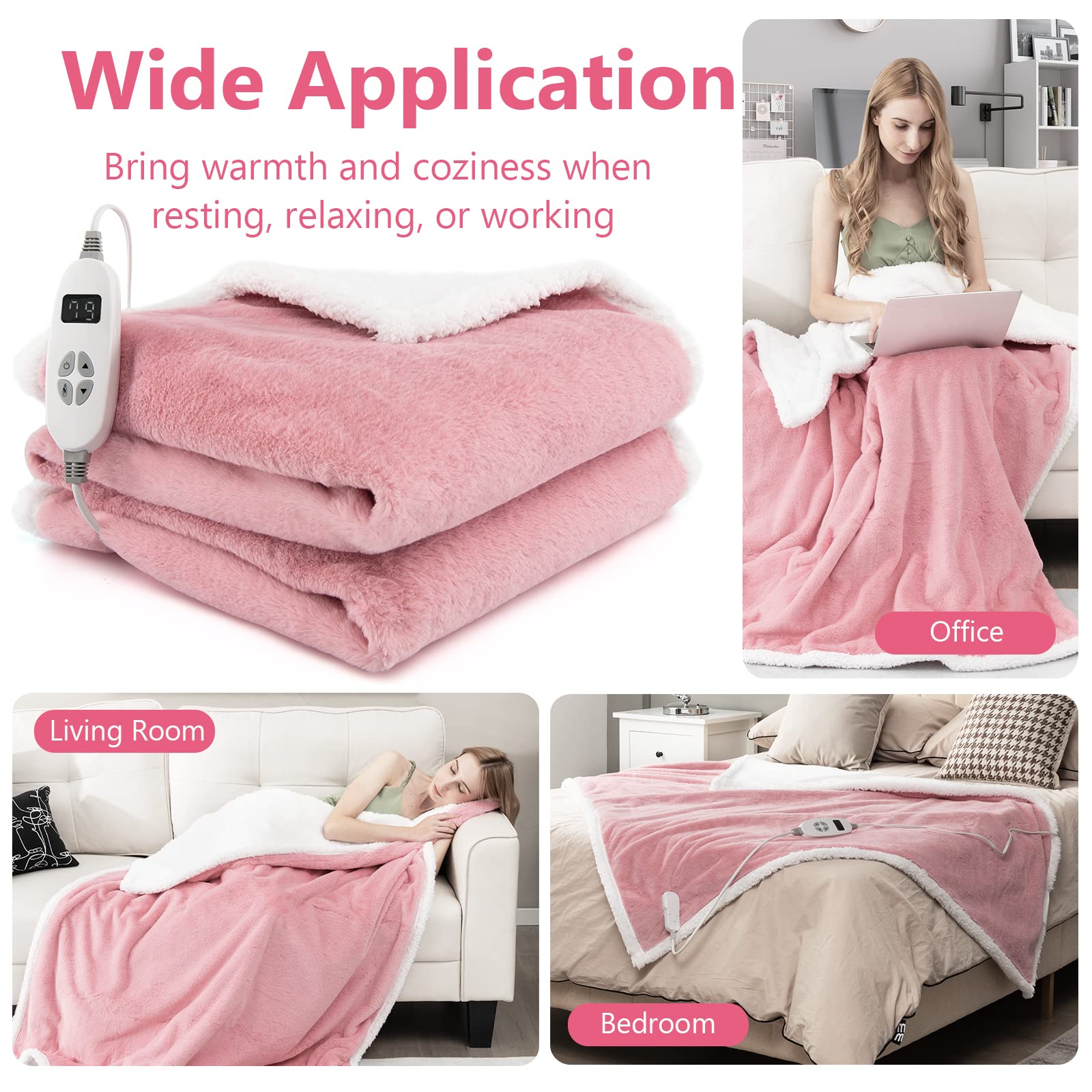 Heated Throw Blanket, Reversible Sherpa & Faux Rabbit Fur Heating Blanket w/ 10 Heat Levels, 9H Timer Auto Off, Machine Washable Blanket Warmer
