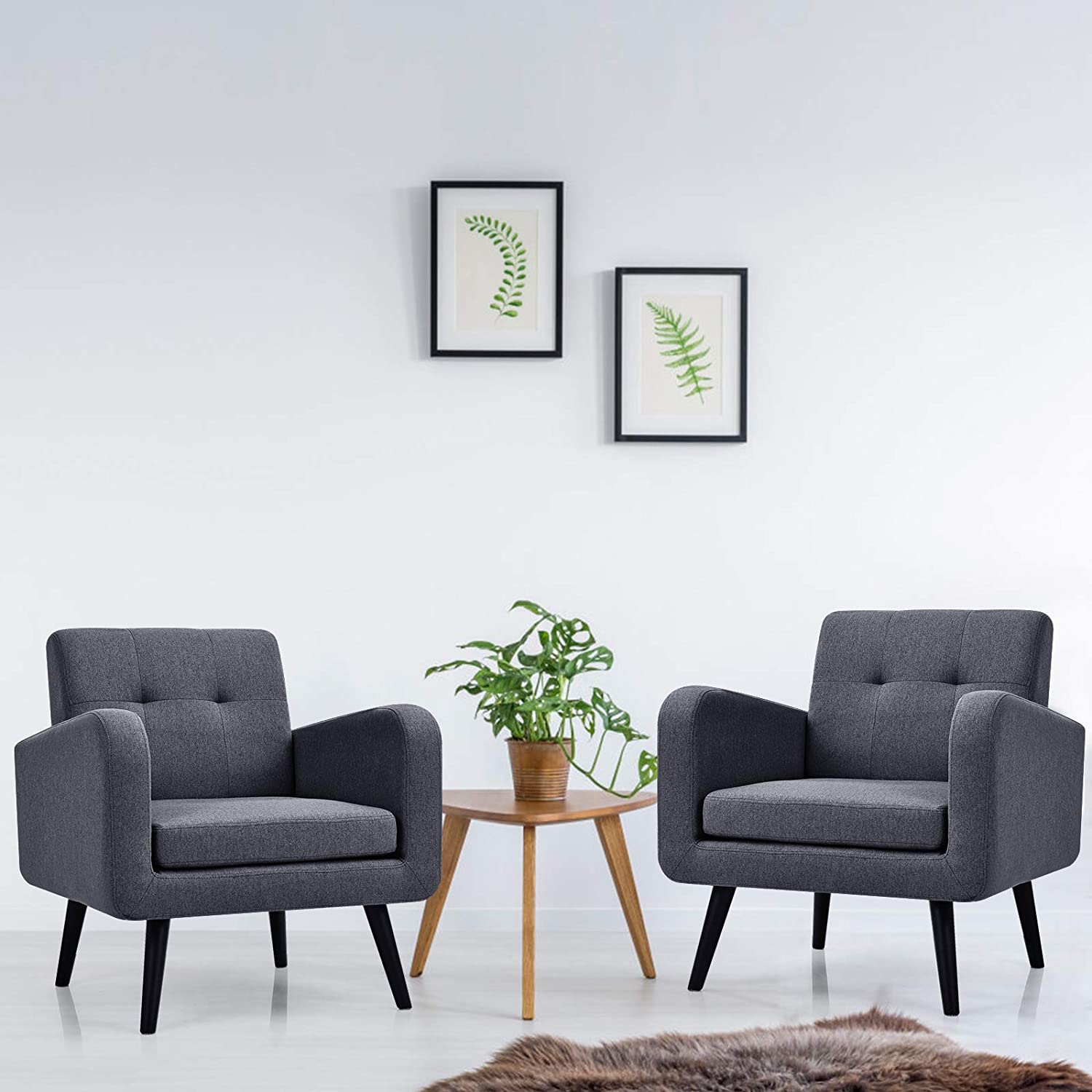 Modern Upholstered Accent Chair w/ Rubber Wood Legs | Linen Fabric Single Sofa