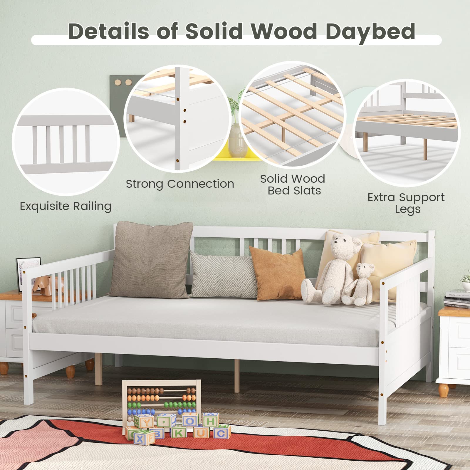 Full Size Wood Daybed with Wooden Slats Support