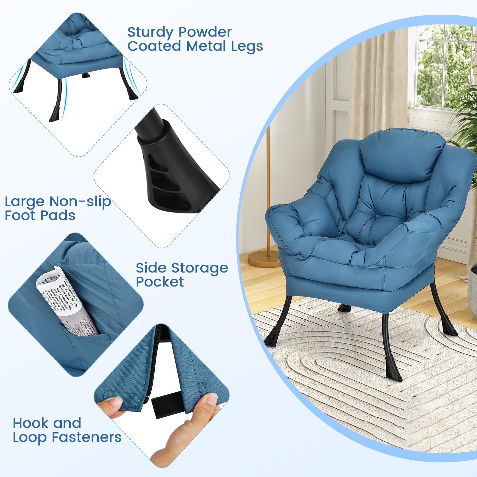 Modern Lazy Chair, Upholstered Single Sofa Chair w/Armrests & Side Pocket