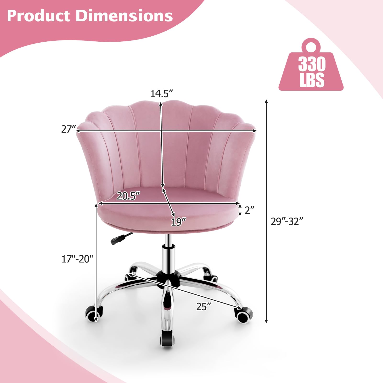 Velvet Office Desk Chair Pink, Modern Vanity Chair with Seashell Back