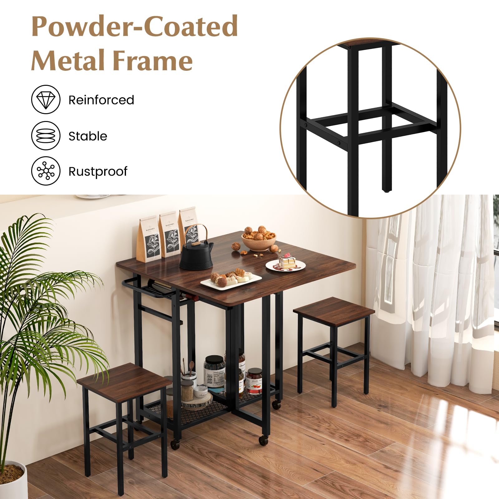 3 Piece Foldable Dining Table Set, Extendable Dining Table & 2 Stools Set w/ 6-Bottle Wine Rack, Shelves & Side Pushing Handle