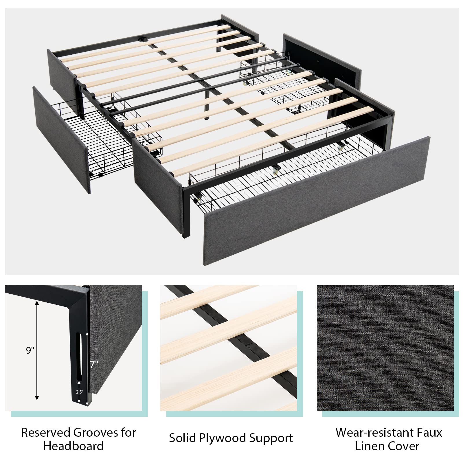  Full Size Bed Frame with 3 Drawers, Fabric Upholstered Platform Bed