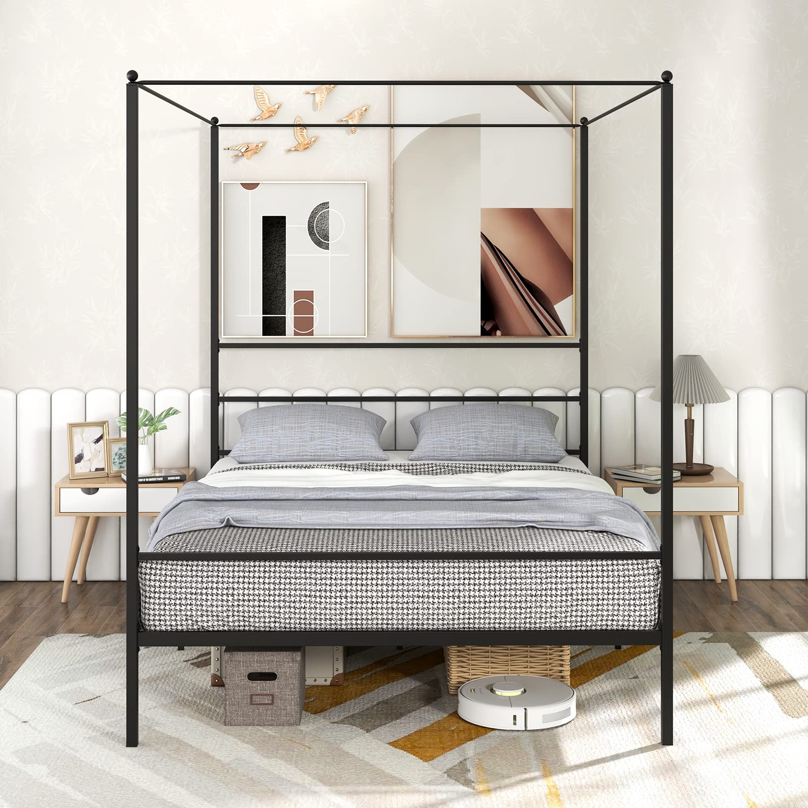 Metal Canopy Bunk Bed, Modern 4 Poster Canopied Platform Bed with Headboard