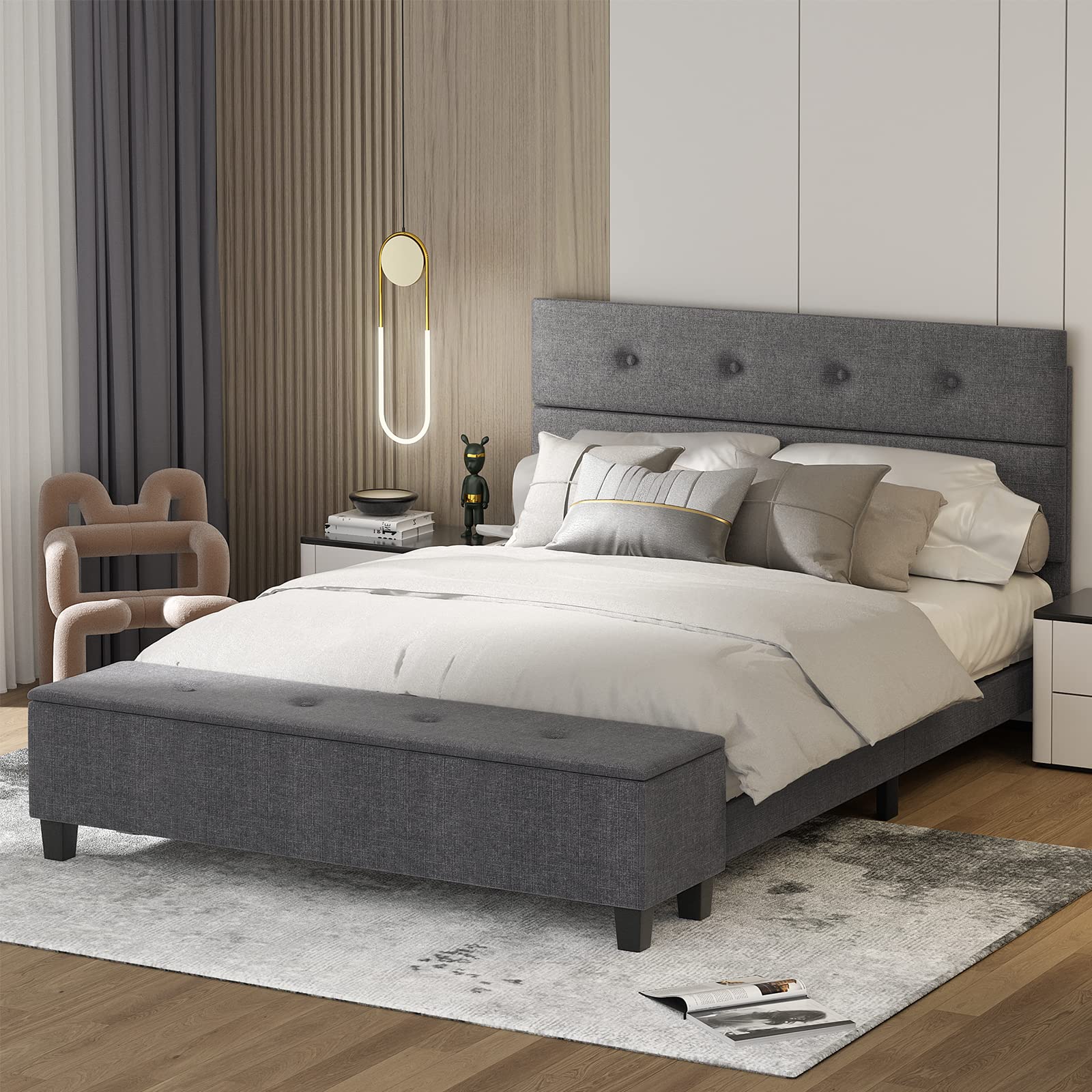Full/Queen Size Upholstered Bed Frame with Ottoman Storage