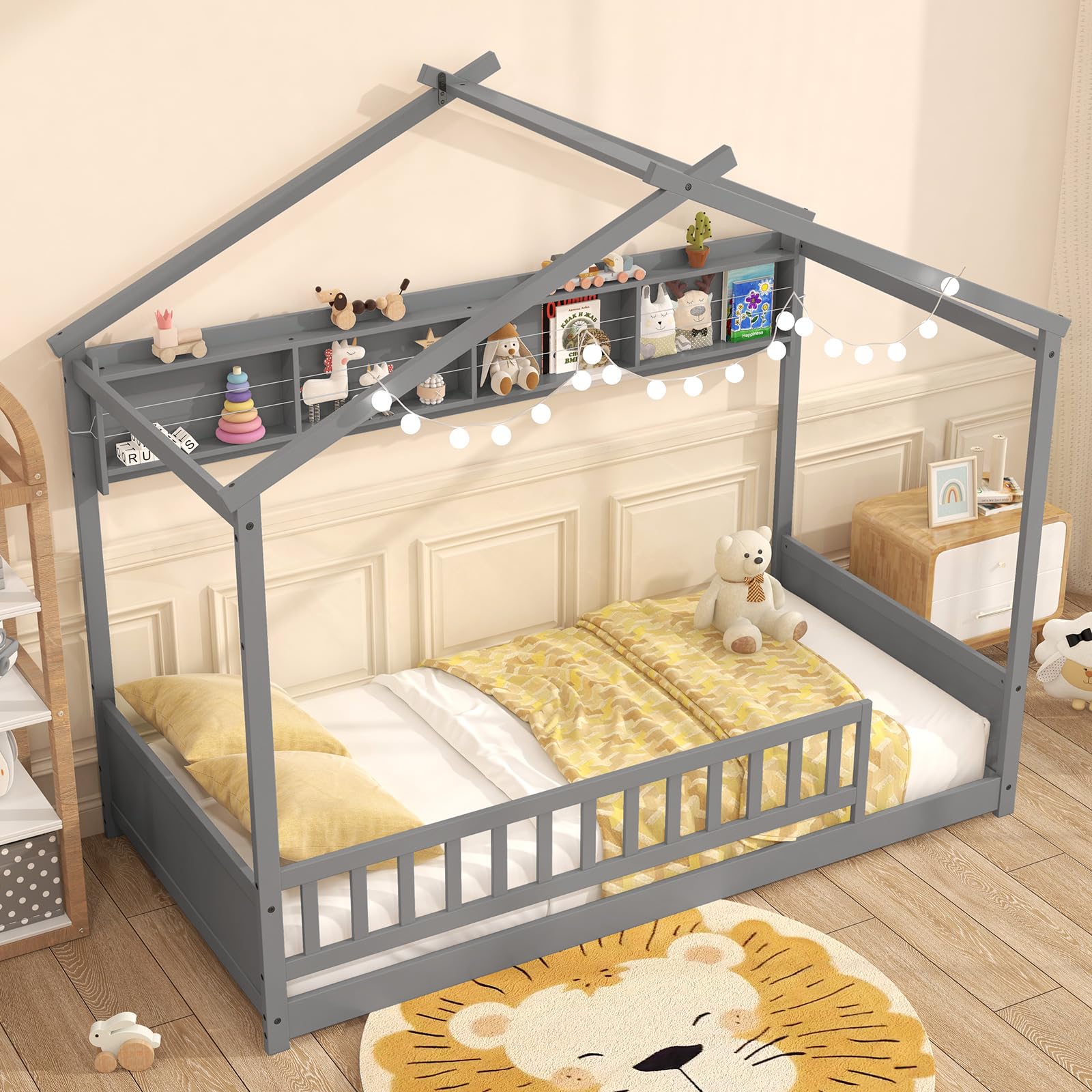 Twin Floor House Bed with Storage Shelf, Headboard & Guardrail