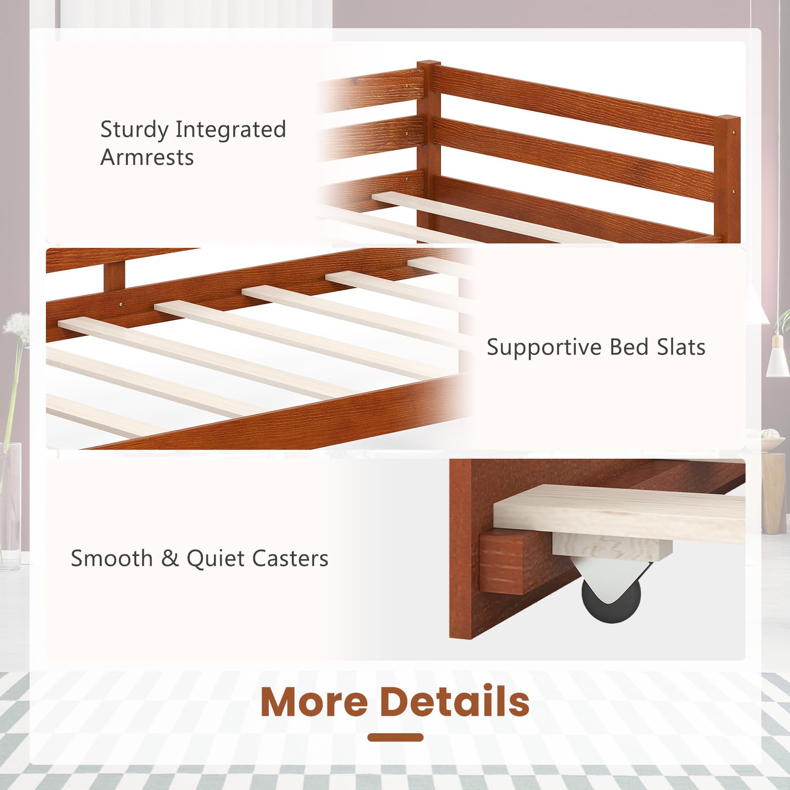 Twin Daybed with Trundle, Wood Trundle Bed with Wood Slat Support