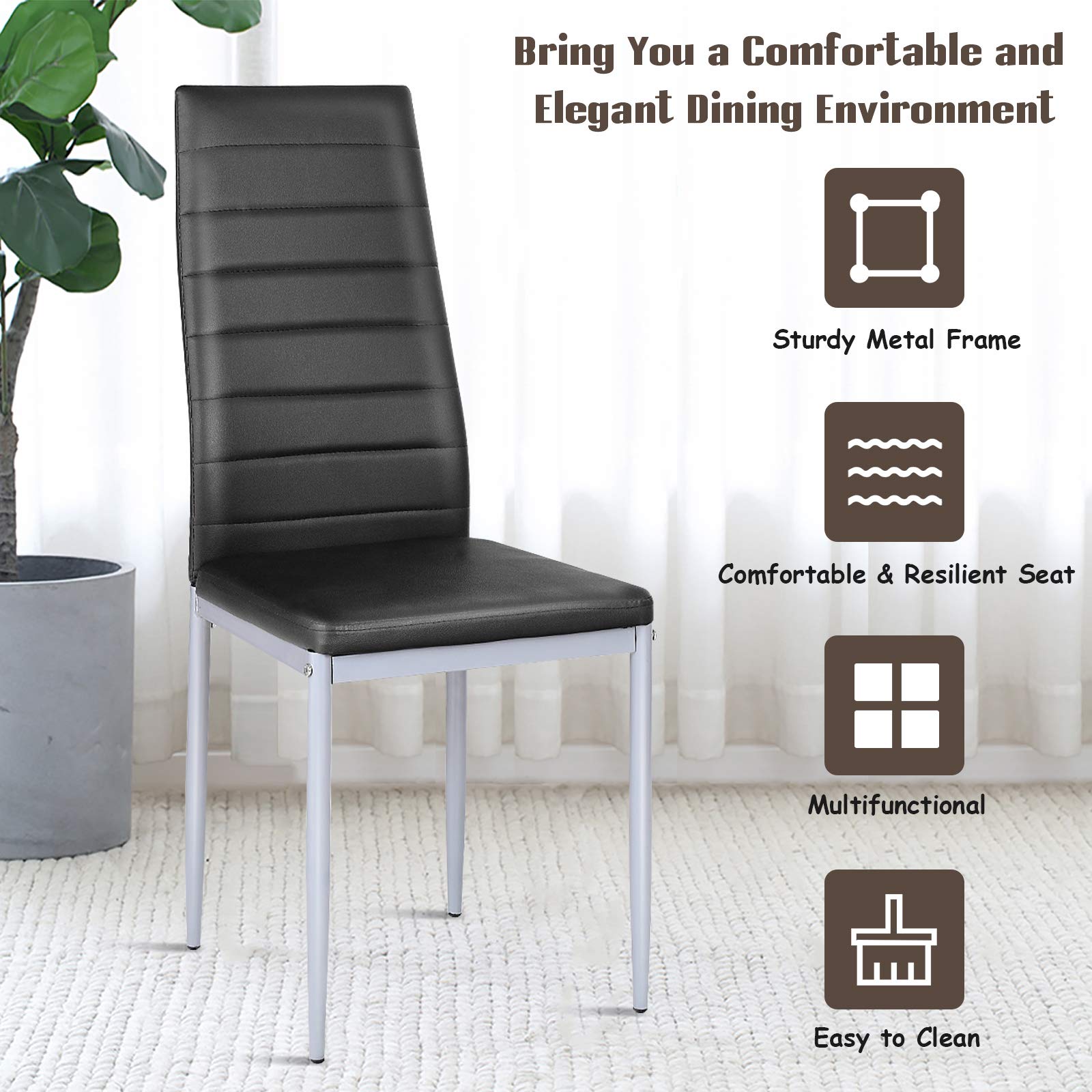 PU Leather Dining Chairs Set of 4, Upholstered Side Chairs w/Ergonomic High Backrest & Steel Frame
