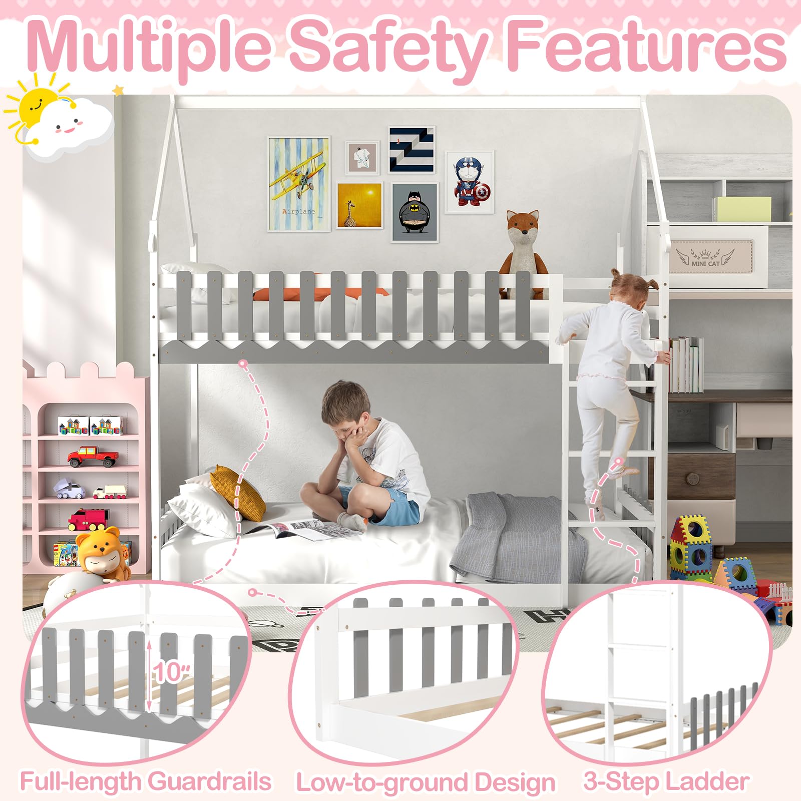 Wood Twin Over Twin House Bunk Bed, Solid Wood Low Bunk Bed with Ladder, Safety Guardrails & Fences