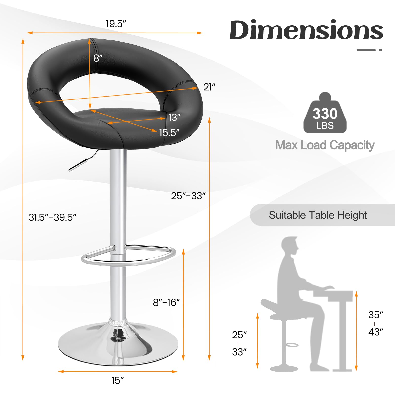 Adjustable Swivel Bar Stools Set of 2/4, Modern PU Leather Counter Height Bar Chairs w/Hollowed Back, Footrest, Metal Base