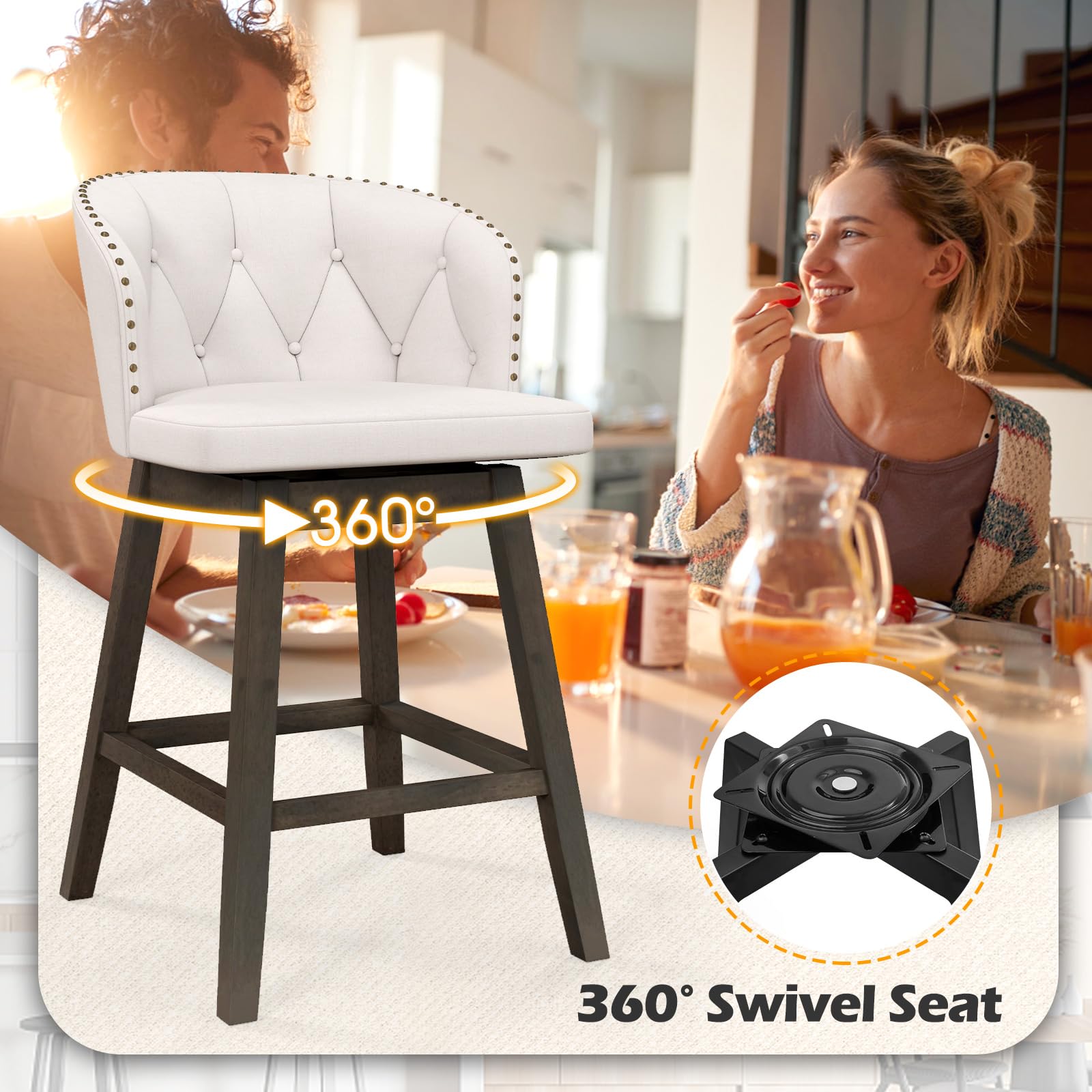 Counter Height Bar Stools Set of 2/4, Fabric Upholstered Island Stools with 360&deg; Swivel Seat & Button-Tufted Back