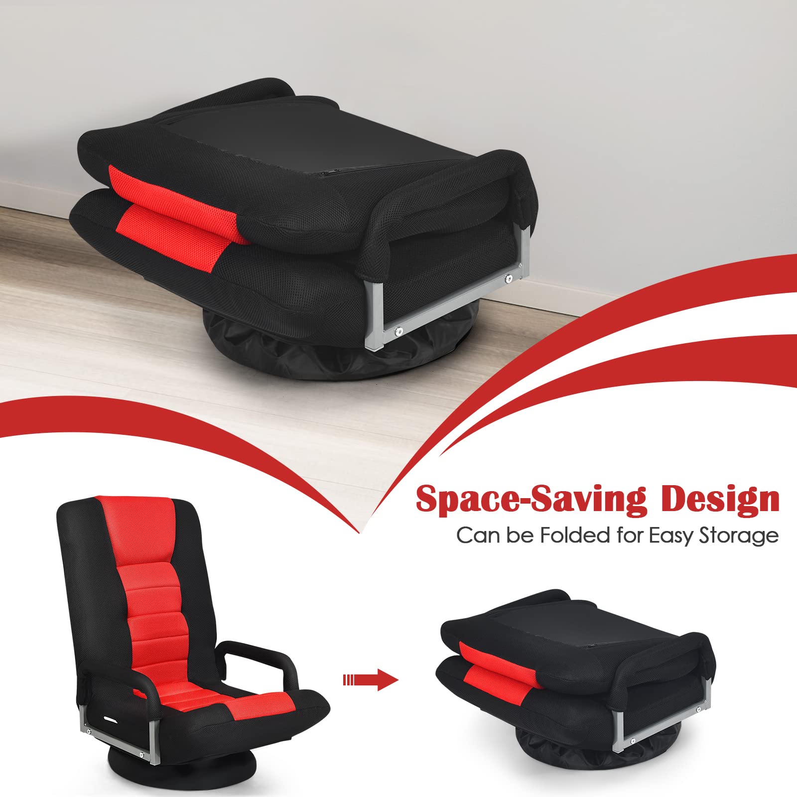 360-Degree Foldable Swivel Gaming Floor Chair With 6 Adjustable Position, Armrests, Padded Backrest