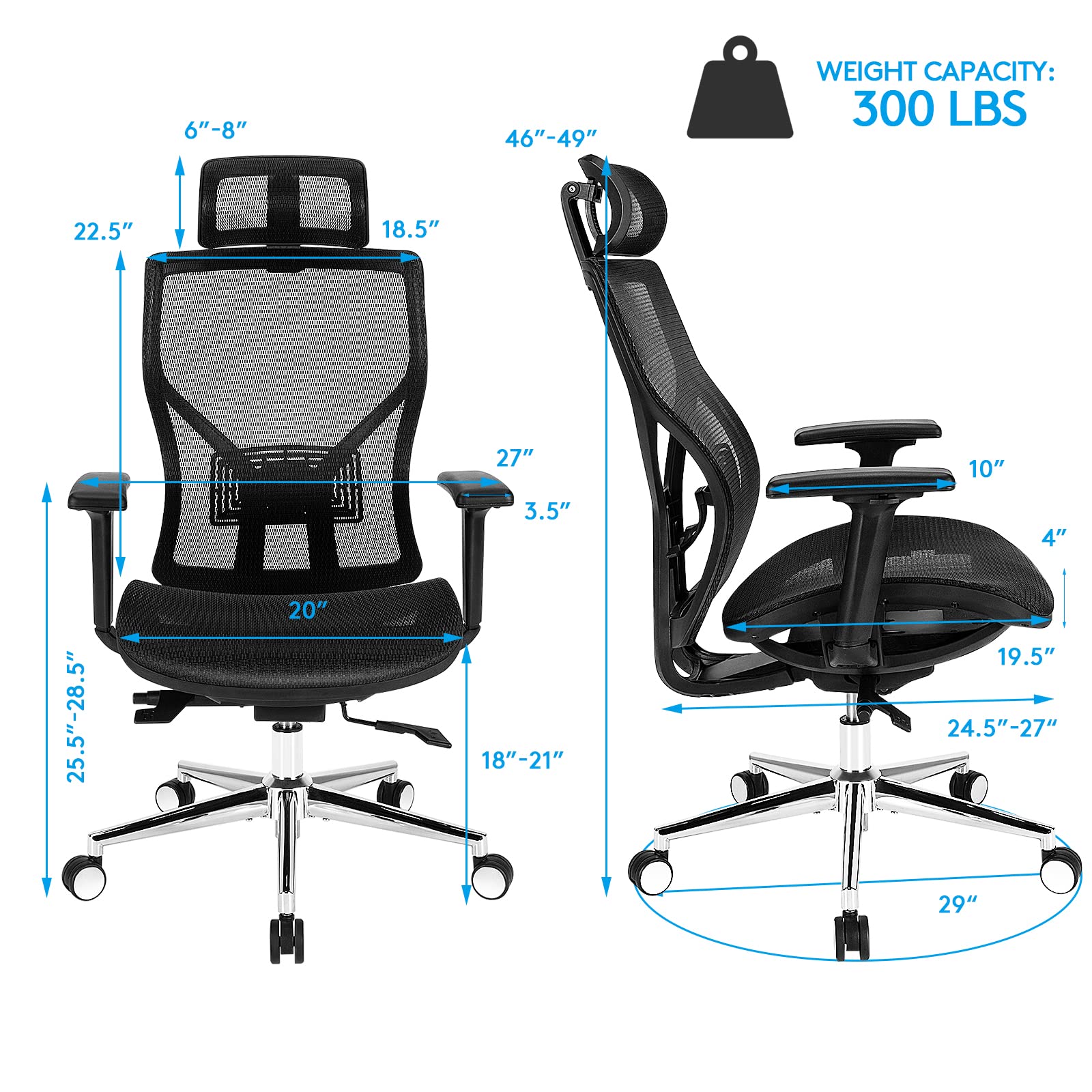 Ergonomic Office Chair, High-Back Mesh Executive Chair, with Adjustable Headrest, 3D Armrest, Lumbar Support, Reclining Backrest