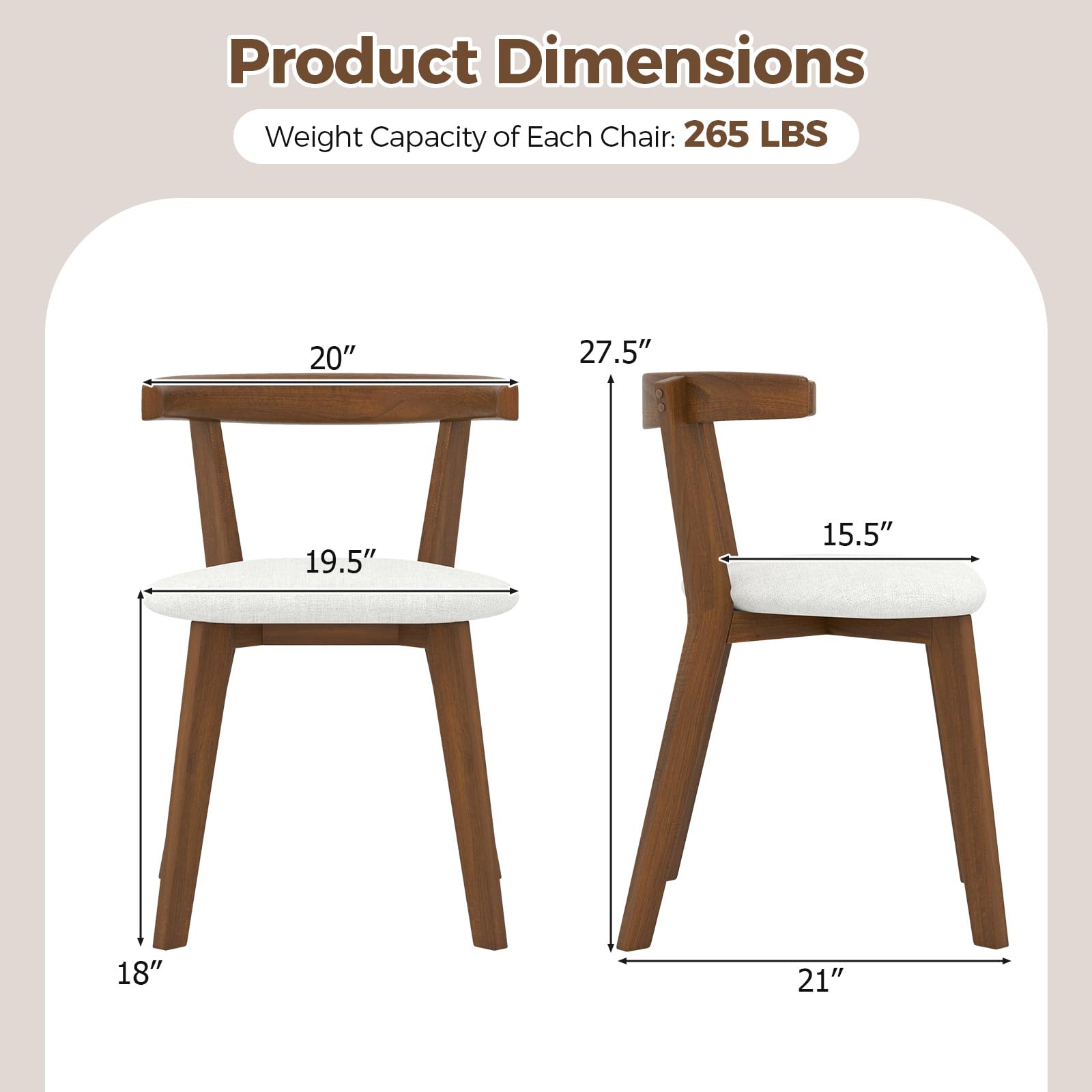 Wooden Dining Chairs Set of 2/4, Farmhouse Hanging Kitchen Chairs w/Rubber Wood Frame, Padded Seat, Curve Back