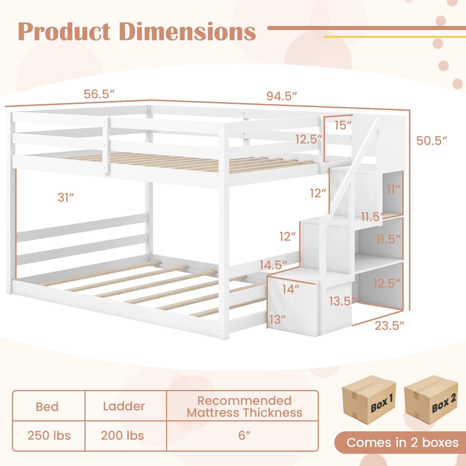Bunk Bed with Stairs, Solid Wood Floor Bunk Bed with Storage Staircase & Full-Length Guardrails