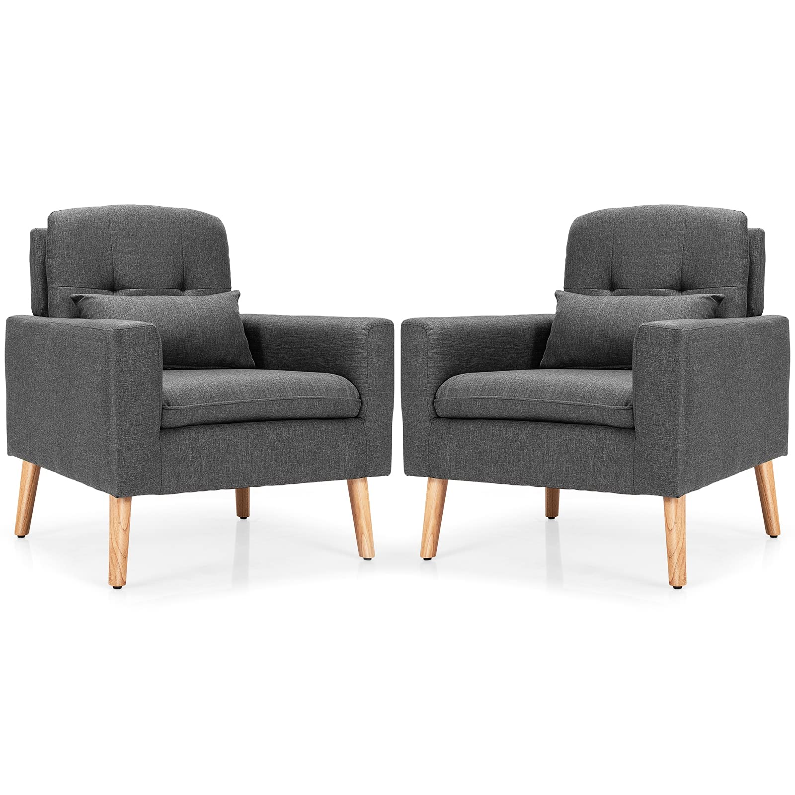Modern Linen Accent Chair, Upholstered Tufted Armchair with Lumbar Pillow, Rubber Wood Legs, Padded Cushion