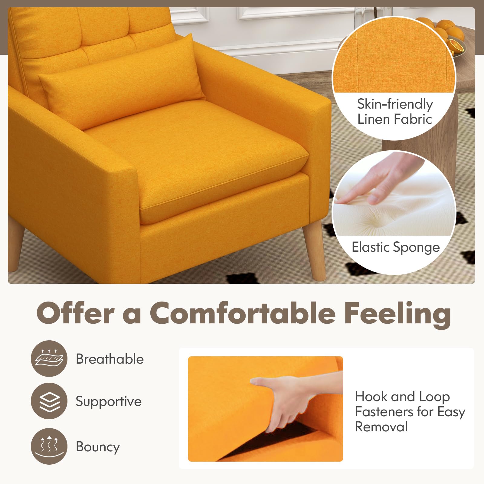Modern Linen Accent Chair, Upholstered Tufted Armchair with Lumbar Pillow, Rubber Wood Legs, Padded Cushion