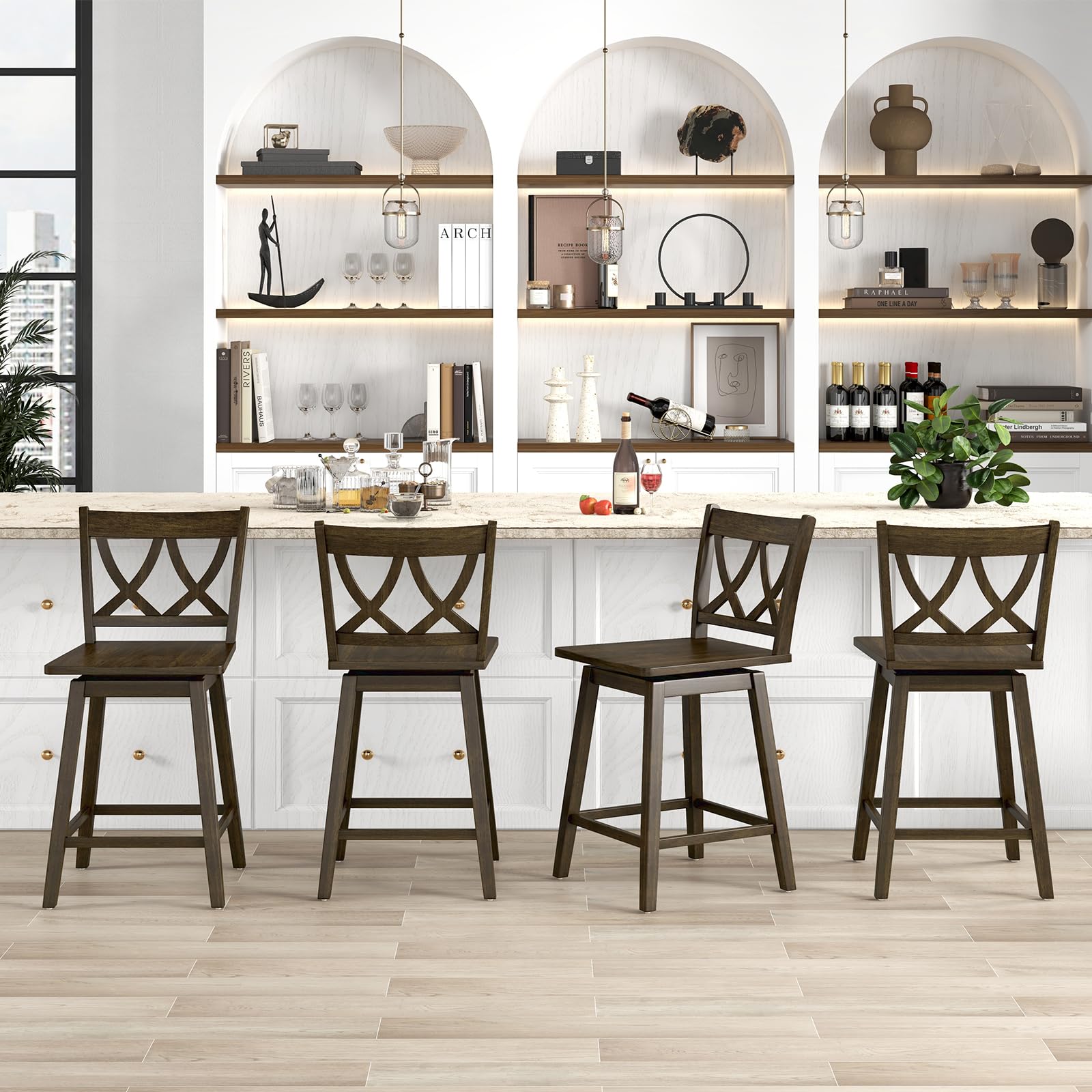 Swivel Wooden Bar Stools Set of 2/4 with Rubber Wood Frame, Footrest & Ergonomic Backrest