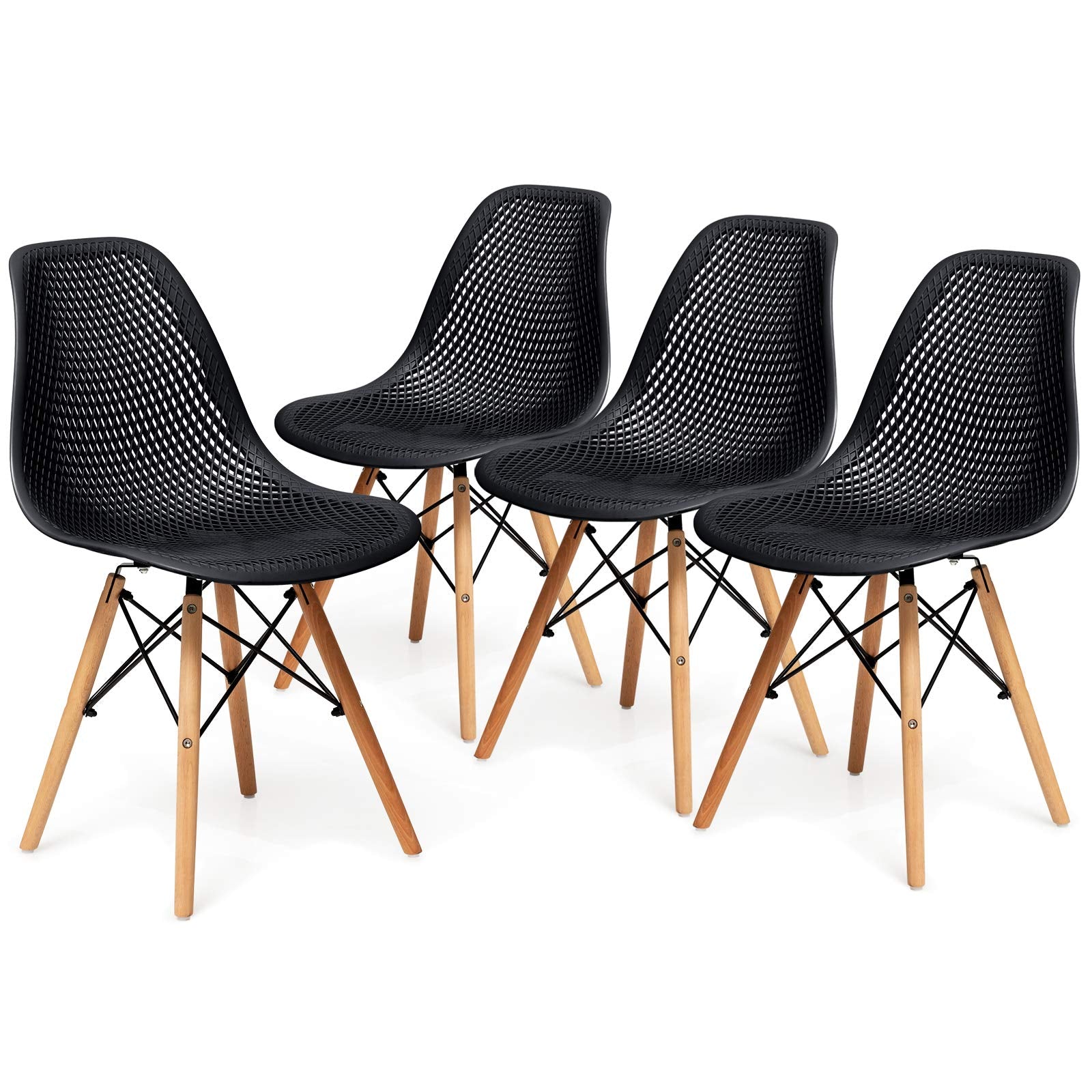 Set of 2/4 Modern Dining Chairs, Outdoor Indoor Shell PP Lounge Side Chairs with Mesh Design, Beech Wood Legs