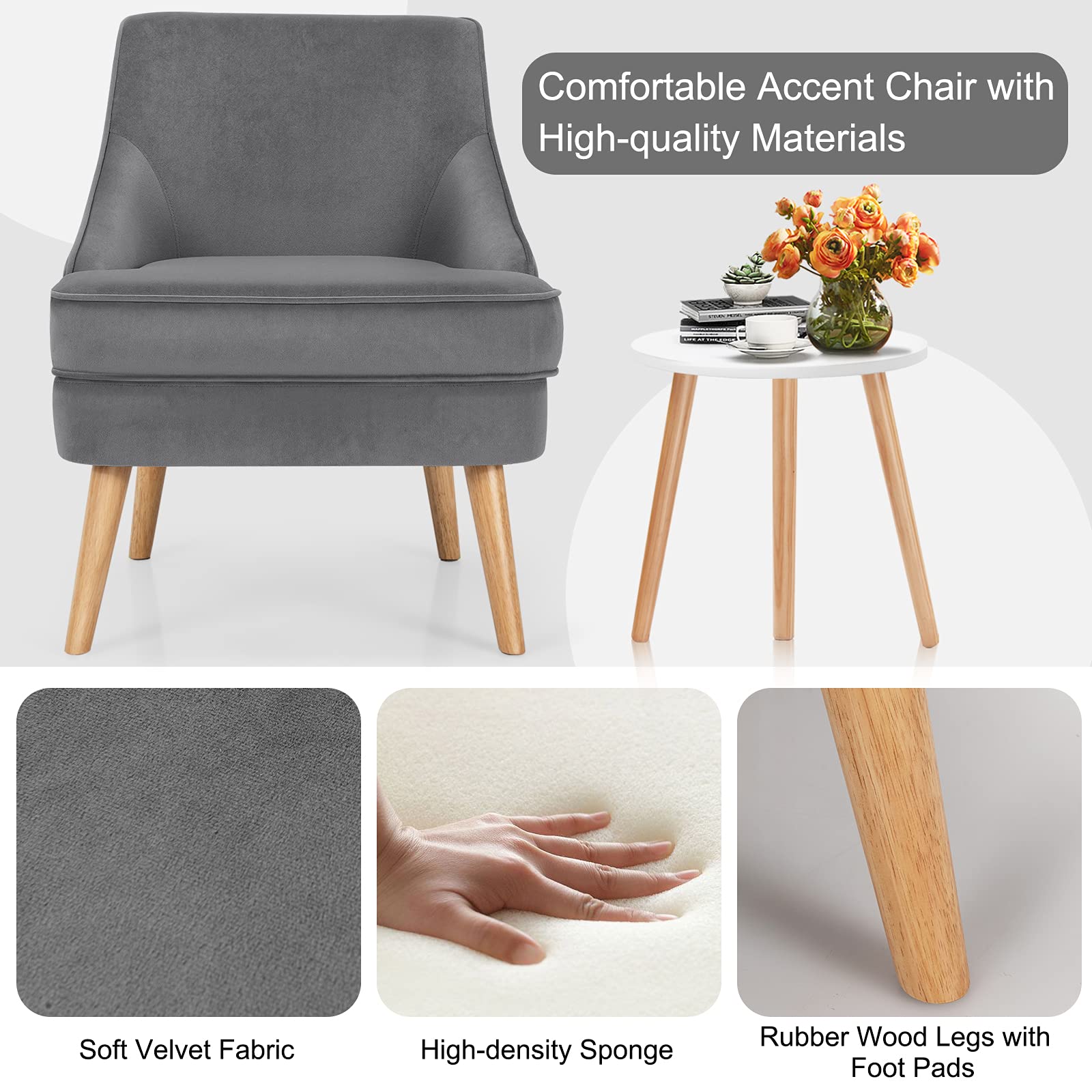 Velvet Accent Chair, Mid Century Single Sofa Chair w/Rubber Wood Legs, Comfy Slipper Chair