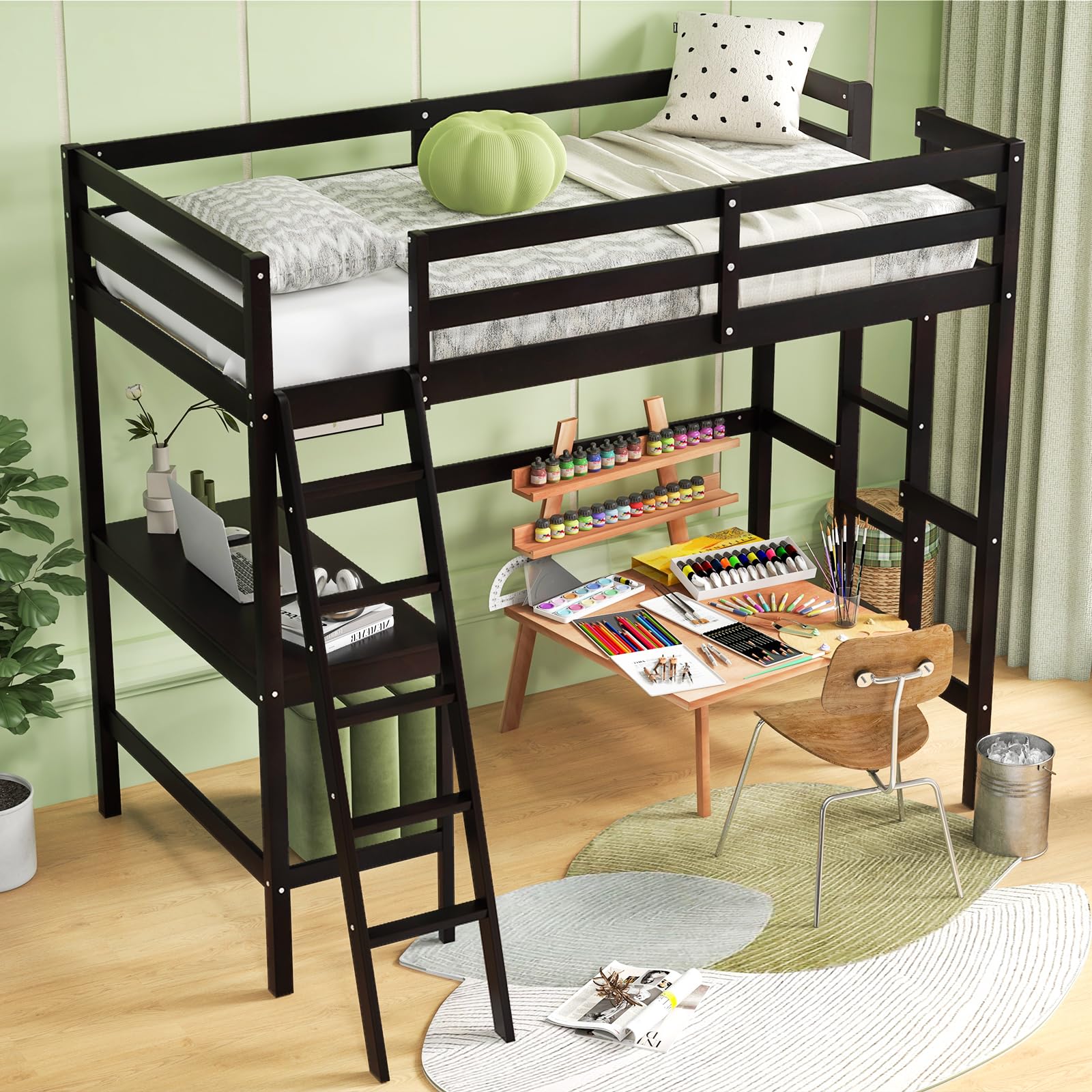 Twin Size Wood Loft Bed with Desk, 2 Ladders, Full Length Guardrail for Kids Teens Adults