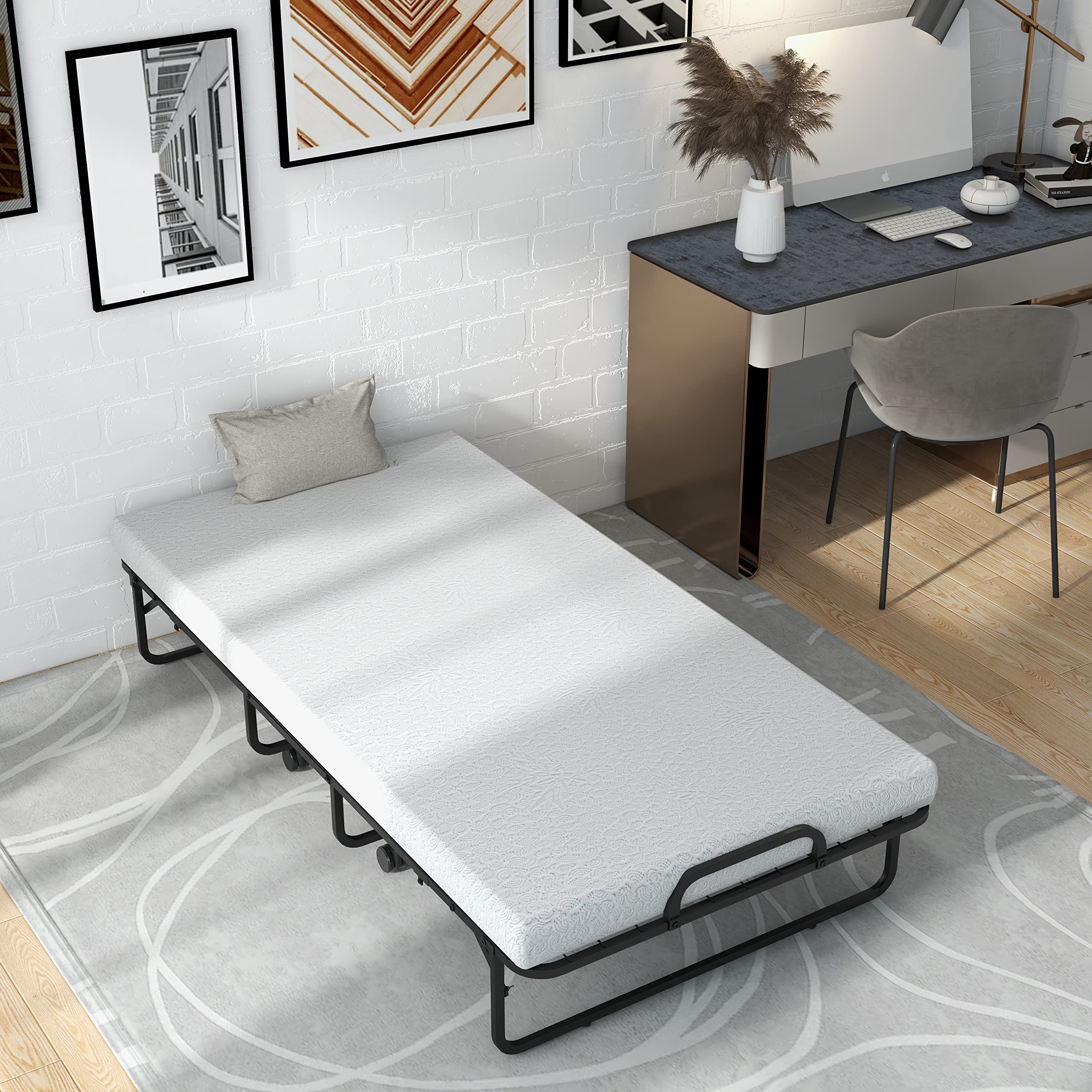 Folding Rollaway Bed with 4" Mattress, Twin Size Portable Bed with Rolling Casters