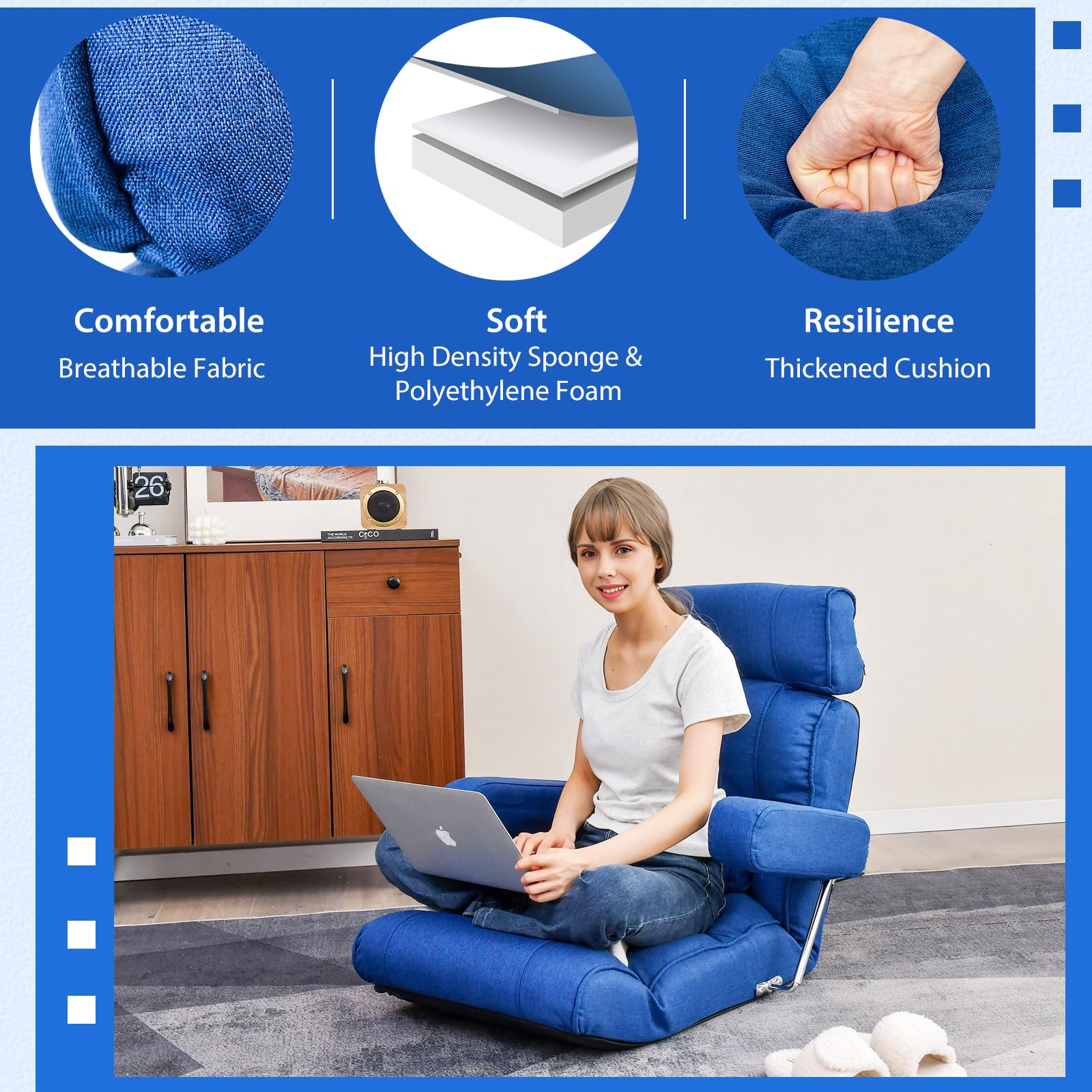 Adjustable Folding Floor Sofa Chair, Upholstered Indoor Chaise Lounge with 6-position