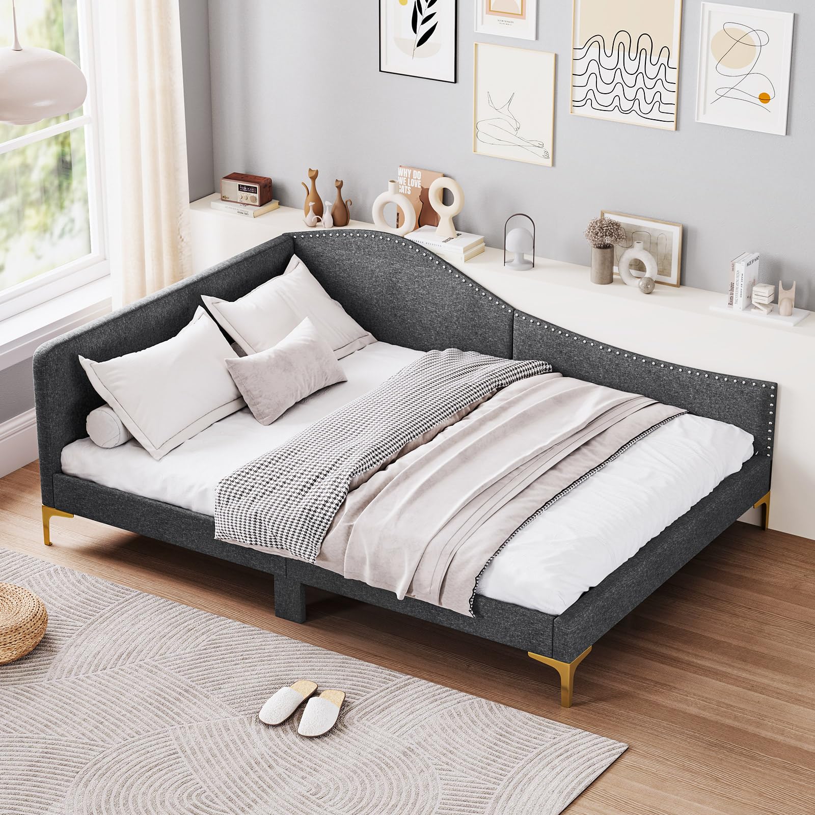 Rivet-Tufted Platform Bed Frame with Headboard, Metal Legs & Wood Slats, L-Shaped Corner Sofa Bed