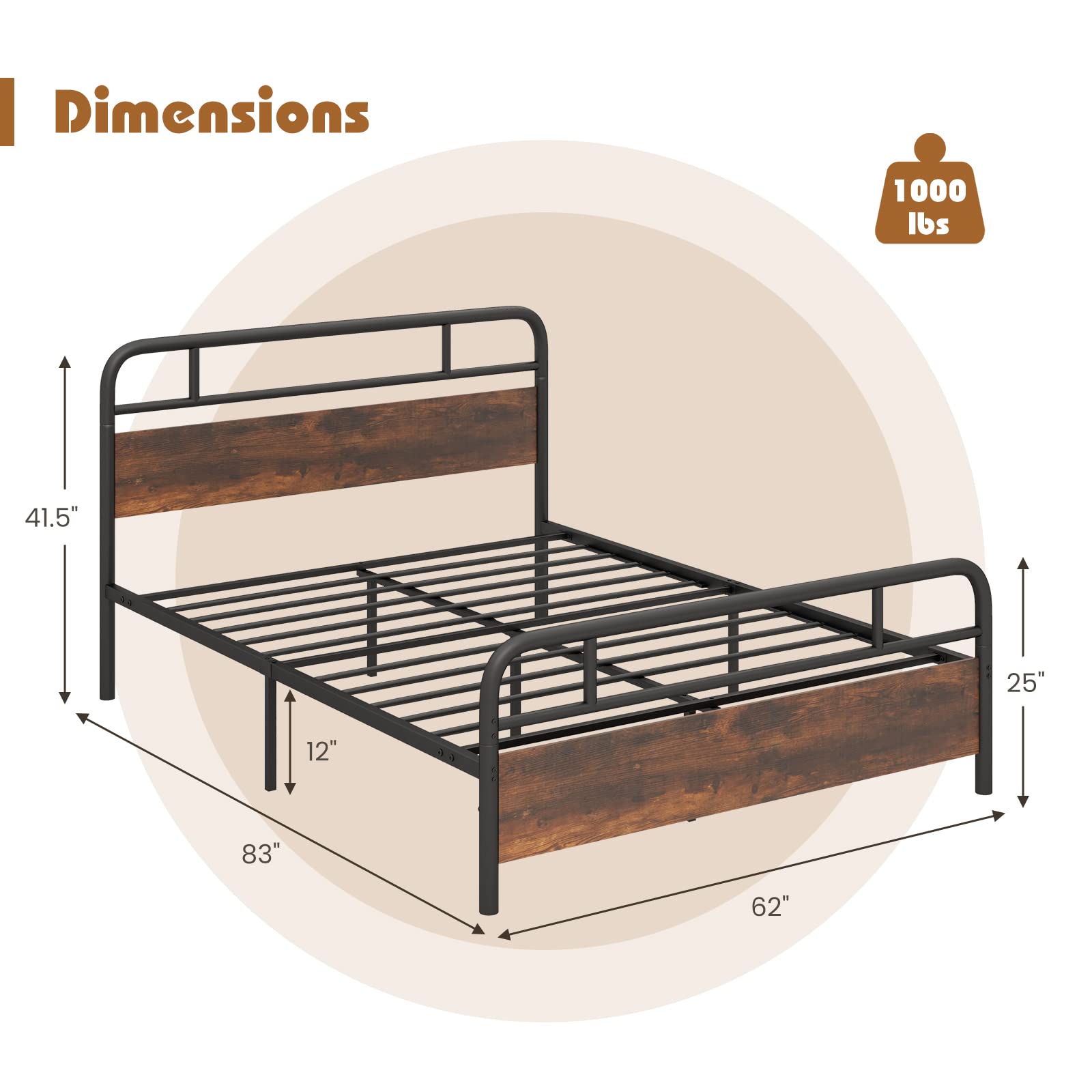 Industrial Metal Bed Frame with Wood Headboard and Footboard, Rustic Brown