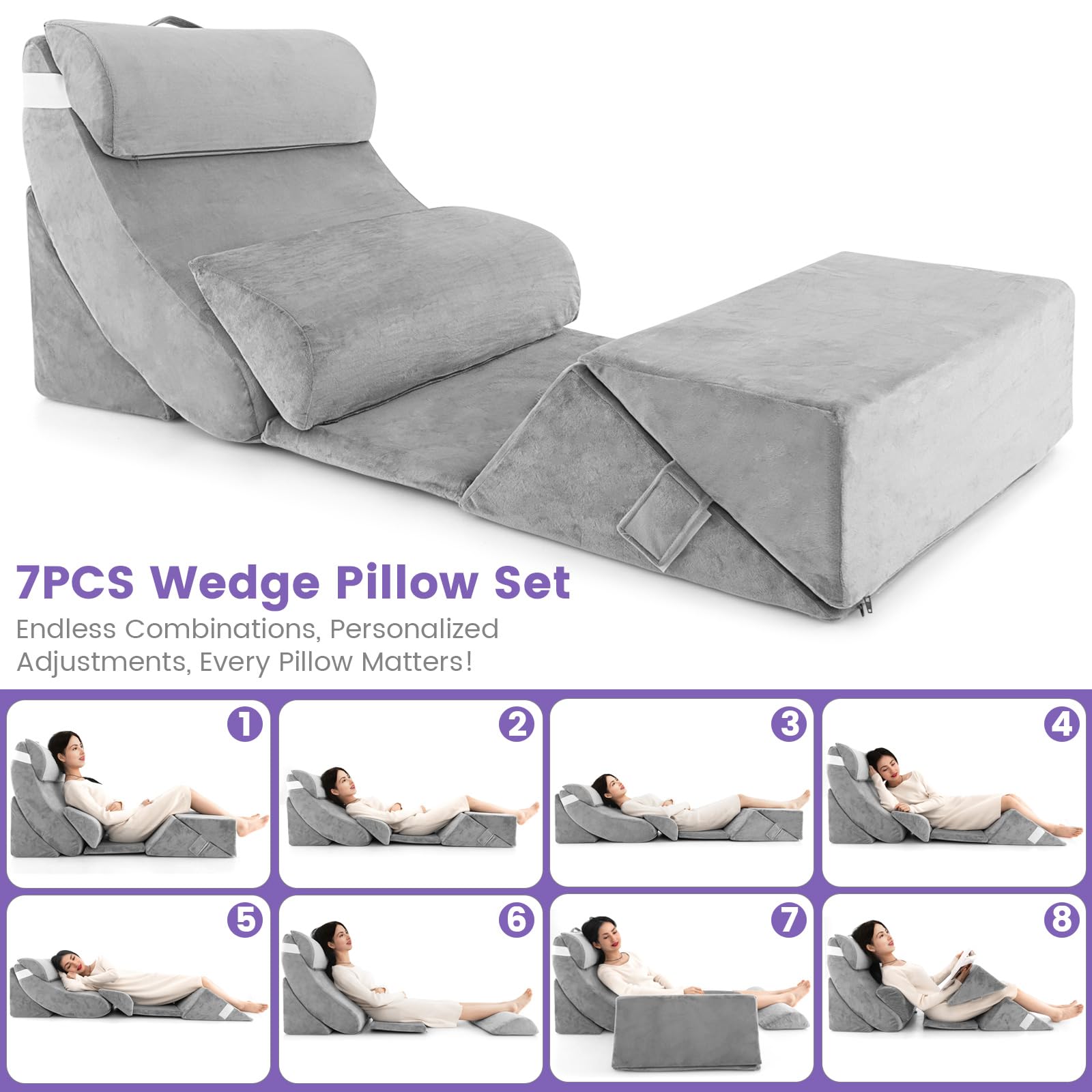 7 PCS Orthopedic Bed Wedge Pillow Set, Bed Wedge Pillows with Memory Foam for Neck, Back & Leg Pain Relief