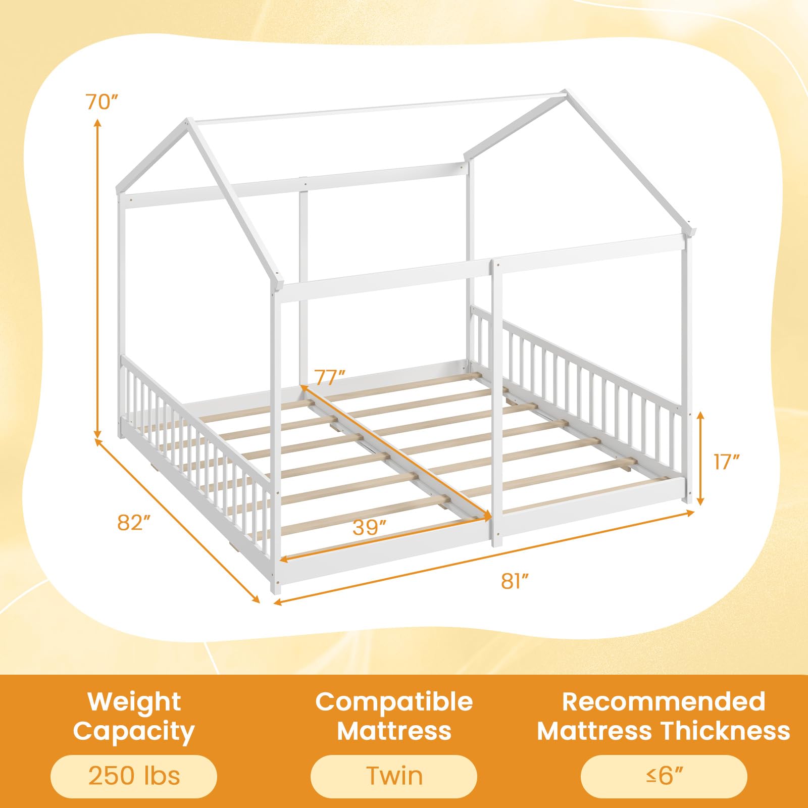 Double Twin Floor Beds for 2 Kids, Wood Twin Size House Beds with Safety Guardrails