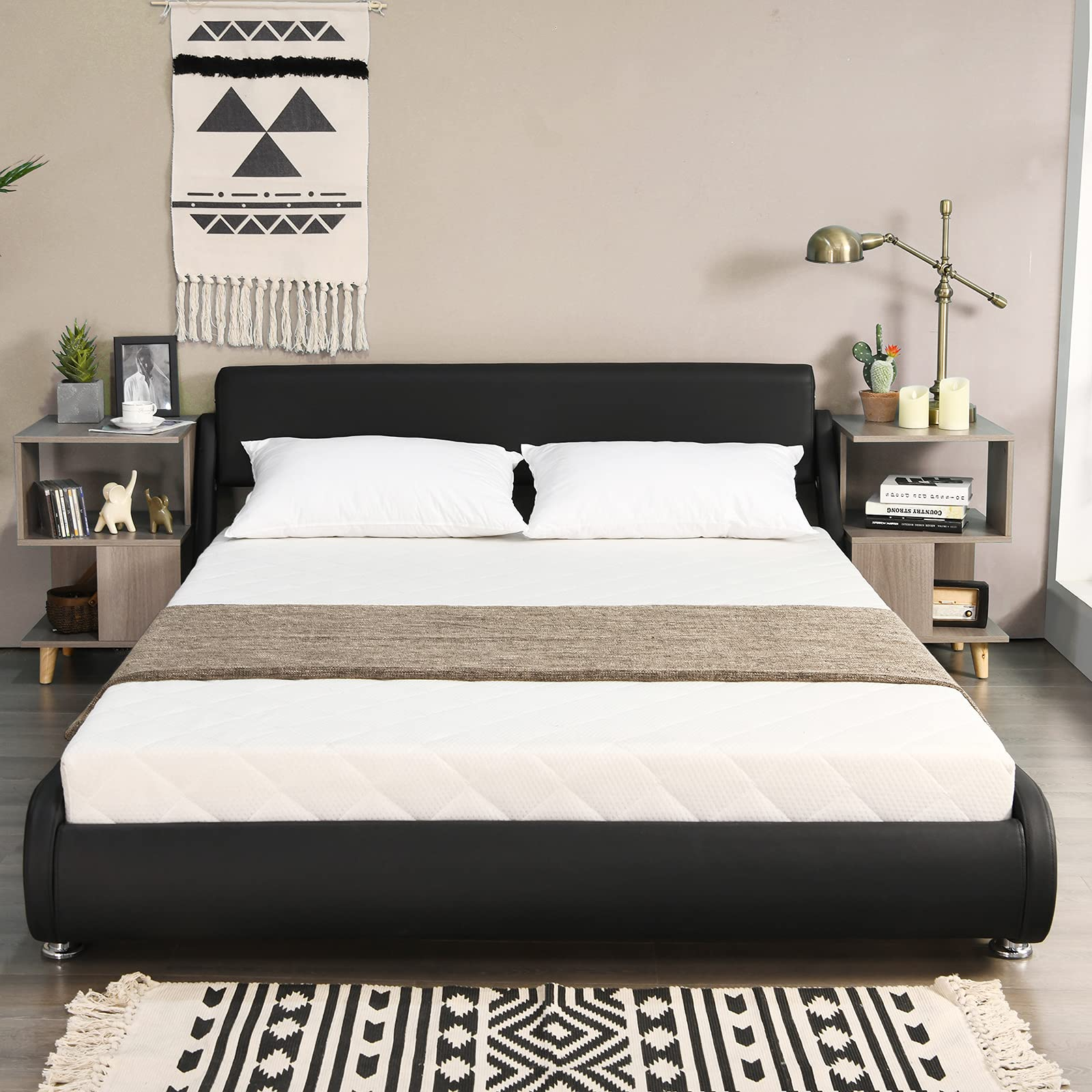 Faux Leather Bed Frame with Adjustable & Upholstered Headboard