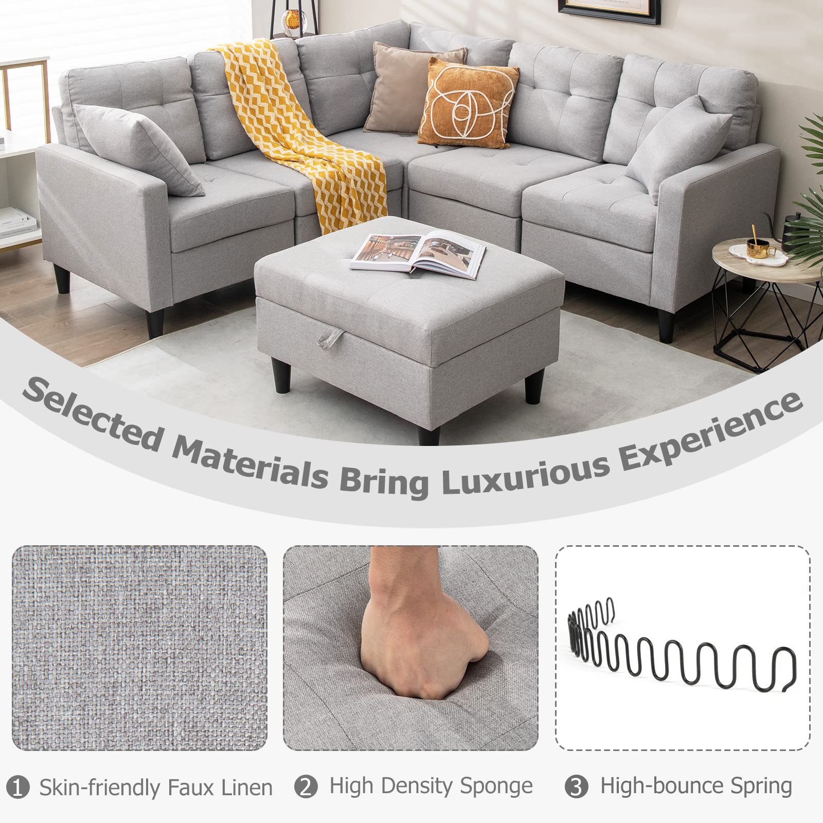 Modular Sectional Sofa Couch, Reversible L-Shaped Corner Sofa Set with Ottoman