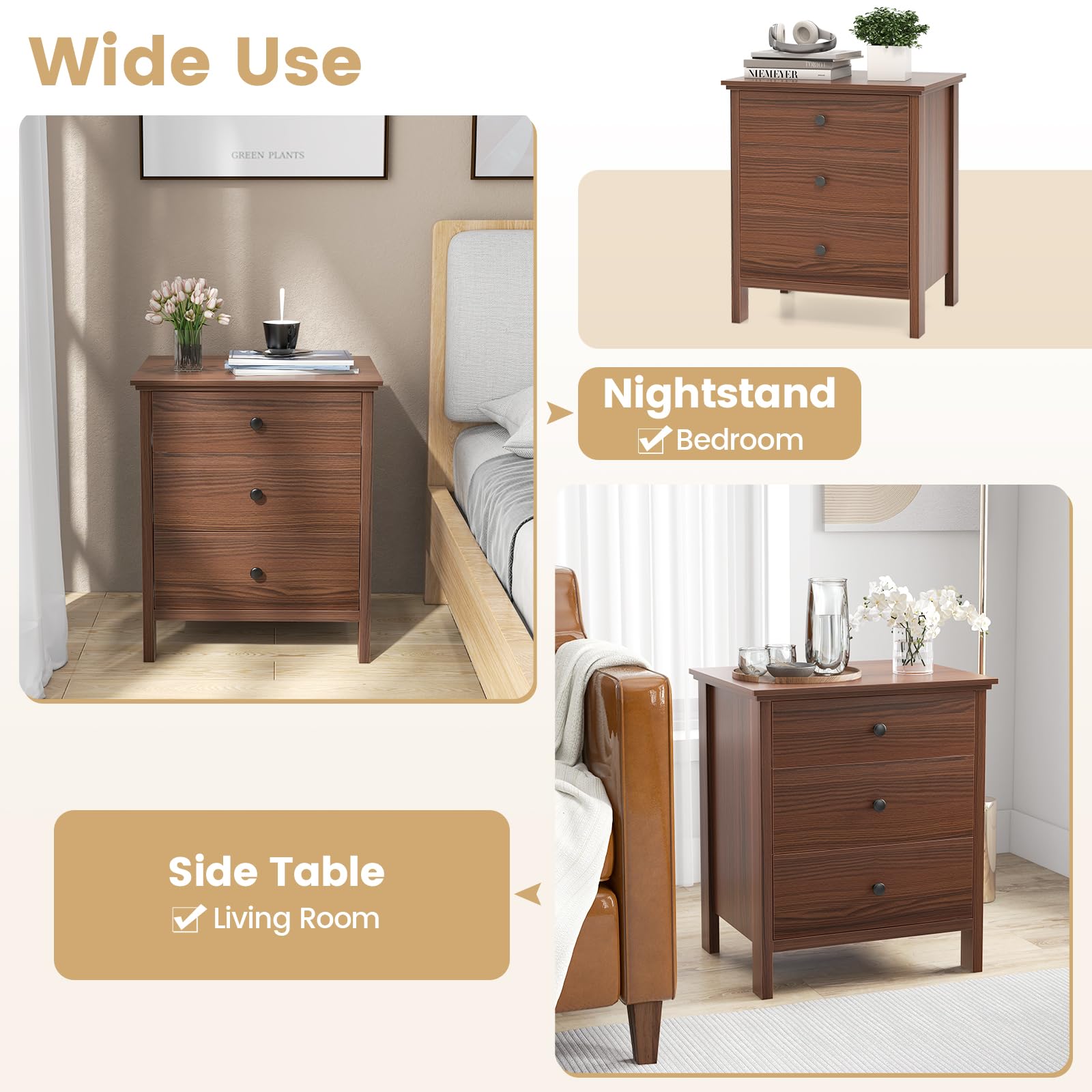3 Drawers Nightstand Set of 1/2