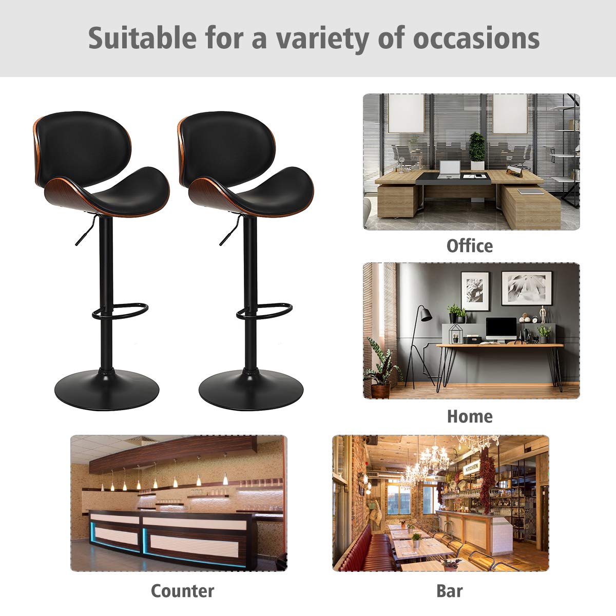 Bar Stools Set of 2/4, Adjustable Swivel Bentwood Barstools with Back, Large Iron Base, 360 Degree PU Leather Seat and Curved Footrest