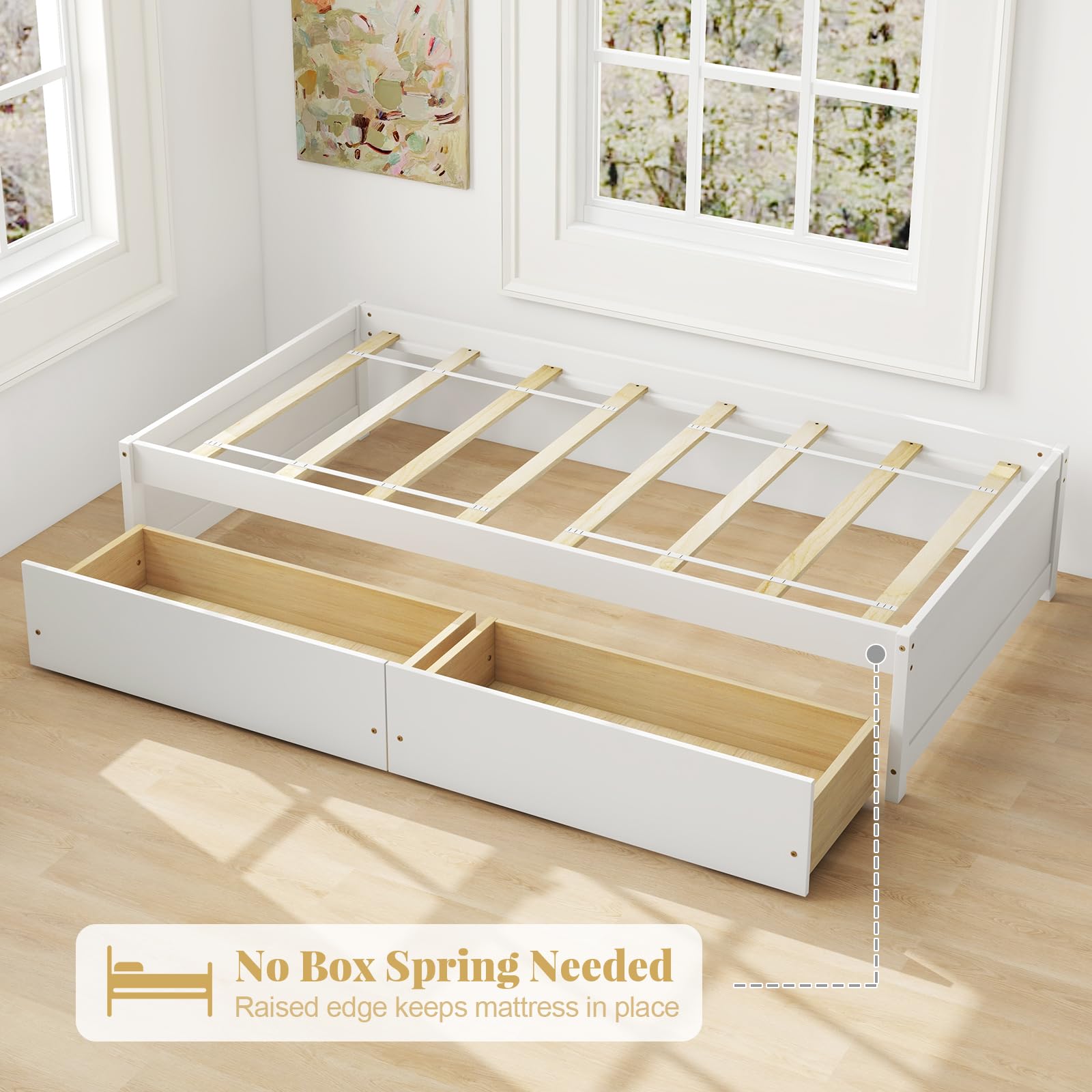Bed Frame with 2 Storage Drawers, Solid Wood Platform Bed with Slats Support