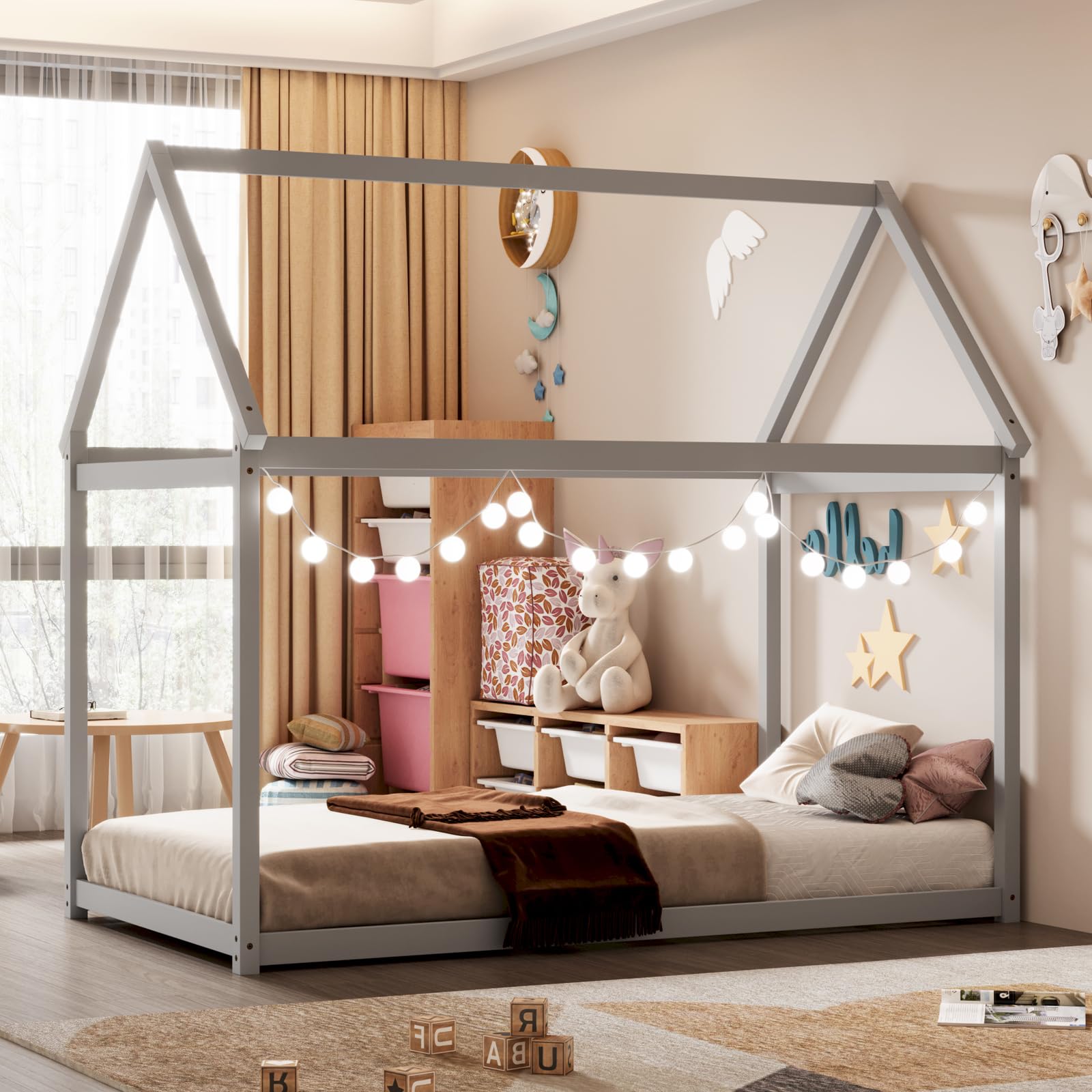 Twin Size House Bed for Kids, Solid Wood Platform Floor Bed with Roof & Multiple Slats