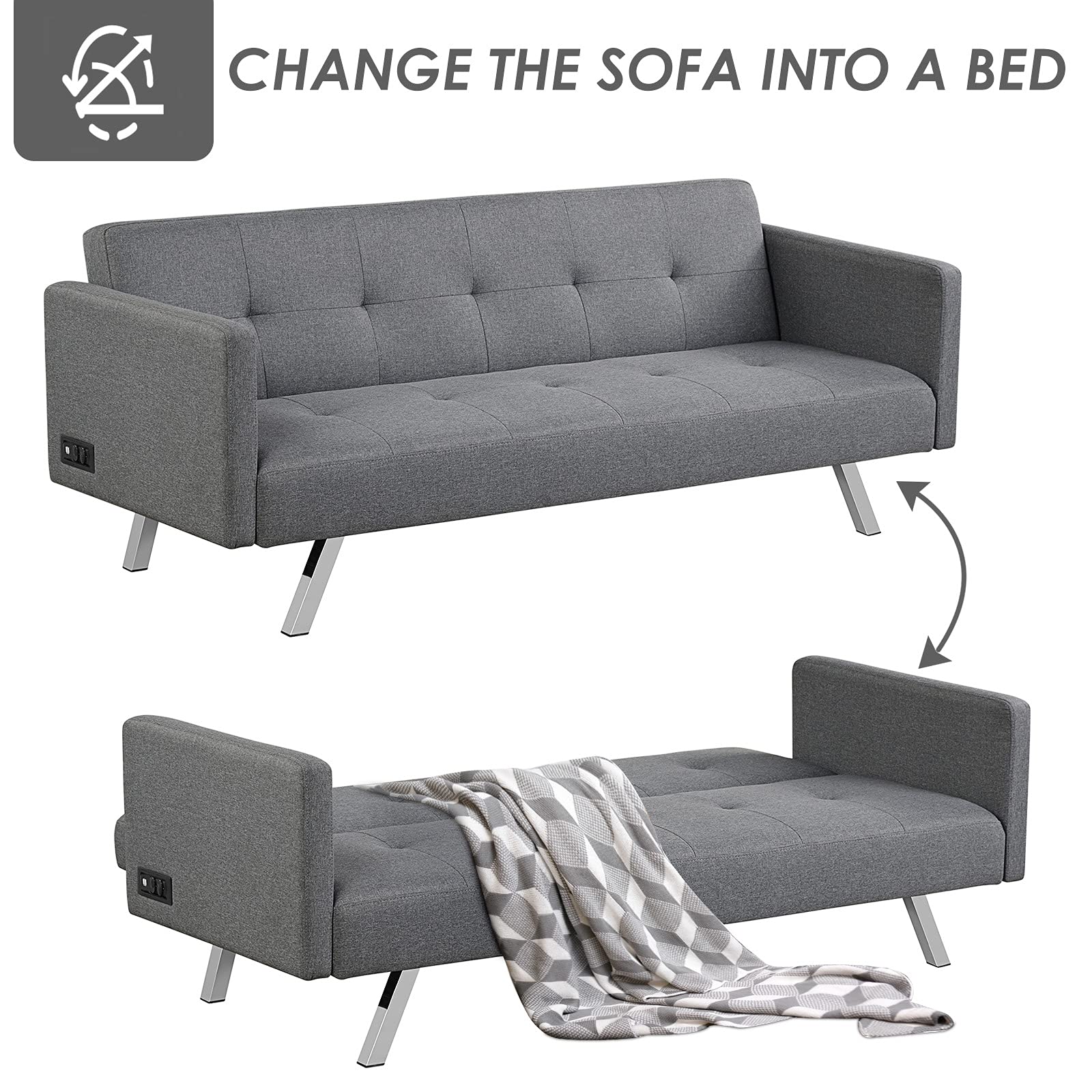 Modern 3 Seat Convertible Futon Sofa Bed with USB and Power Strip