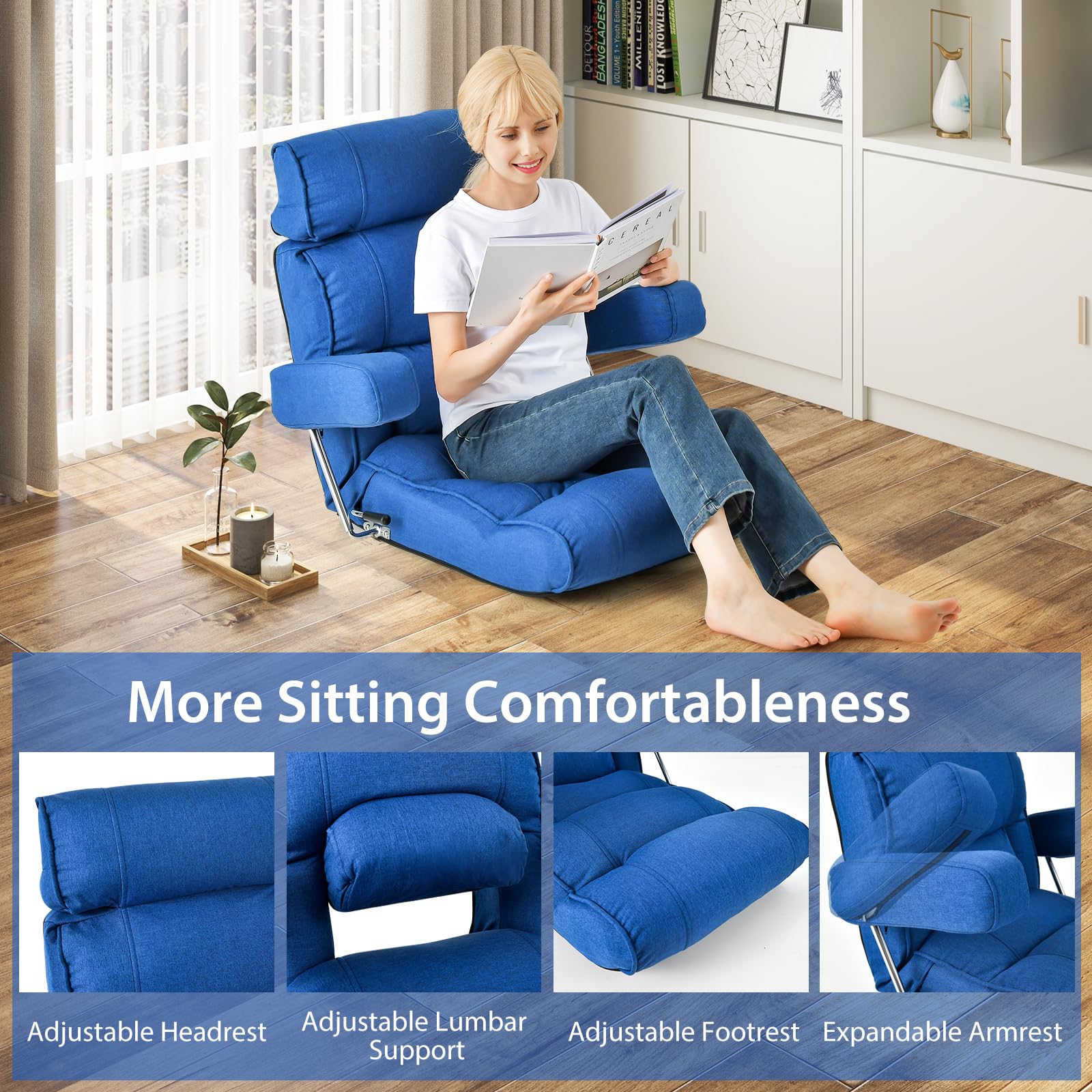 Adjustable Folding Floor Sofa Chair, Upholstered Indoor Chaise Lounge with 6-position